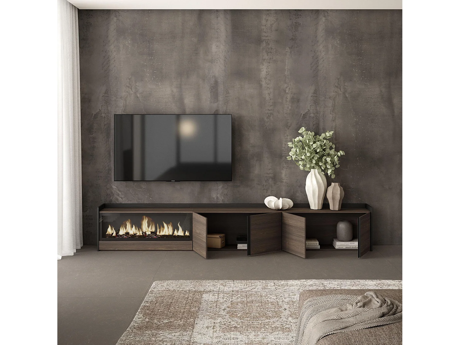 Móvel de TV, 315x50x35 cm, Para televisores até 80", Lareira eléctrica XXL, Carvalho escuro e Preto