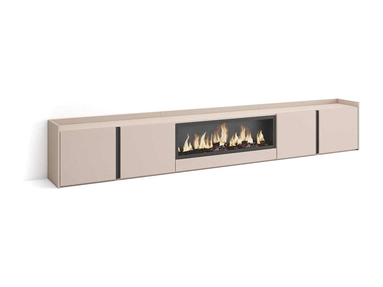 TV-Meubel, Lowboard, 315x50x35 cm, Voor tv's tot 80", Elektrische haard XXL, Beige