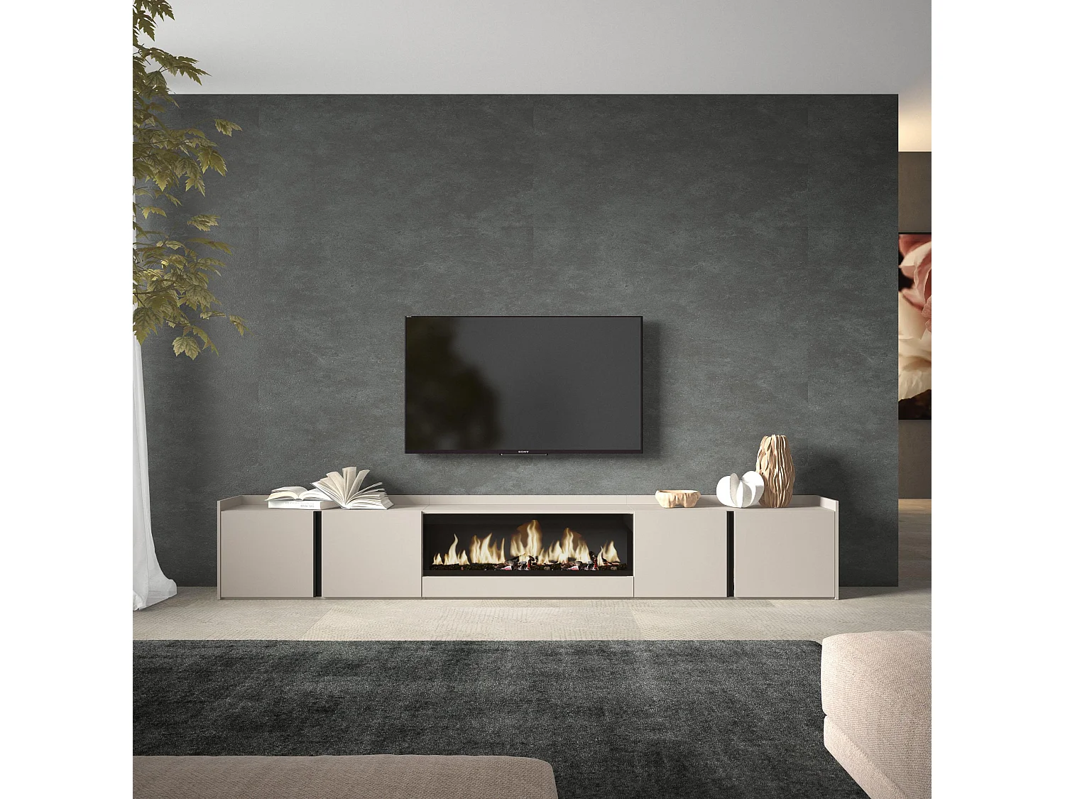 TV-Meubel, Lowboard, 315x50x35 cm, Voor tv's tot 80", Elektrische haard XXL, Beige