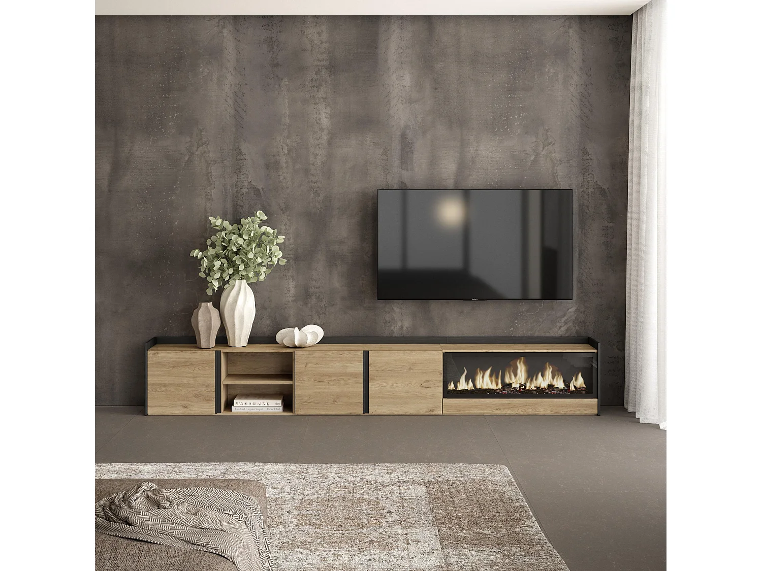 Móvel de TV, 315x50x35 cm, Para televisores até 80", Lareira eléctrica XXL, Carvalho e preto