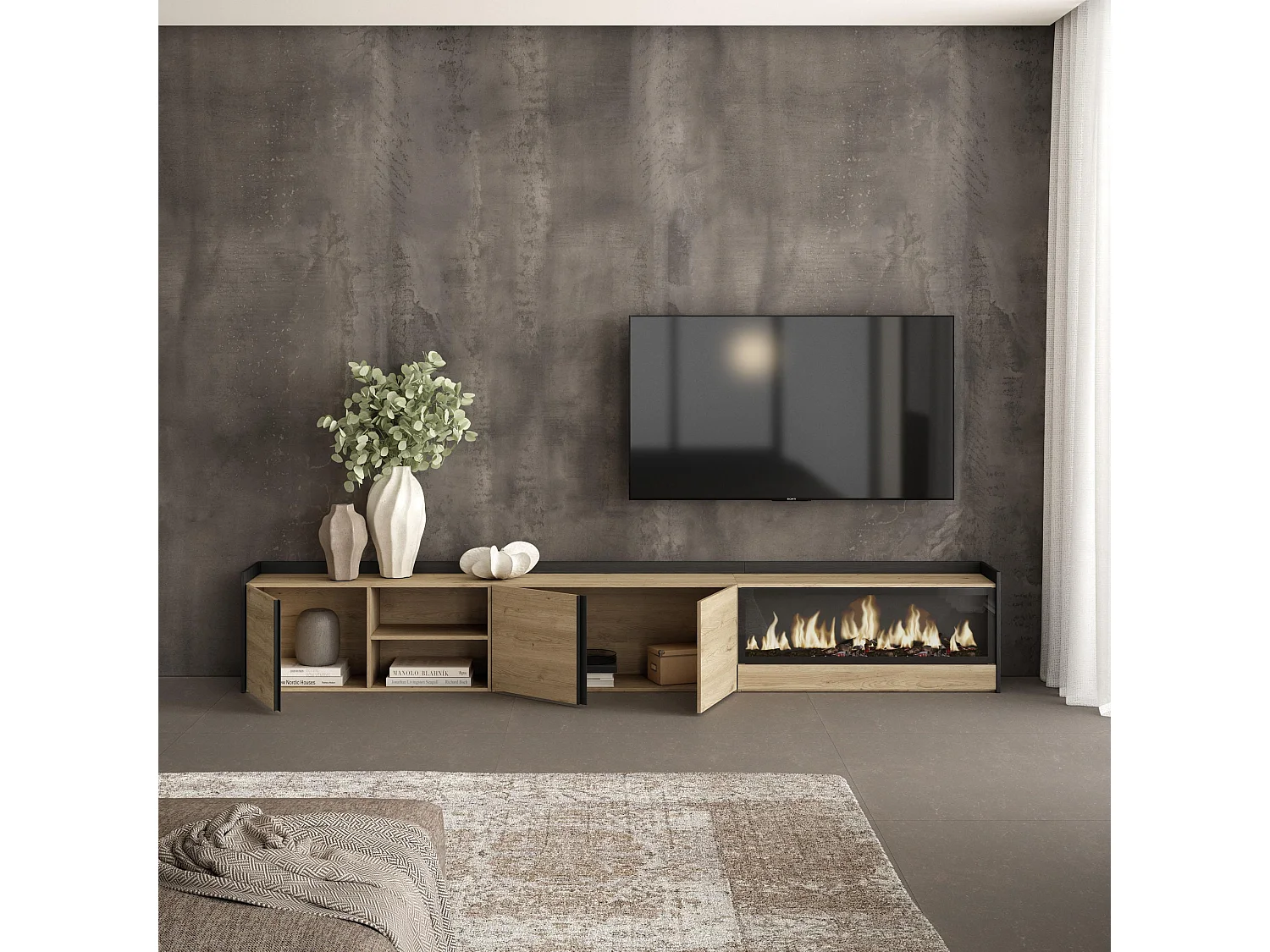 Móvel de TV, 315x50x35 cm, Para televisores até 80", Lareira eléctrica XXL, Carvalho e preto