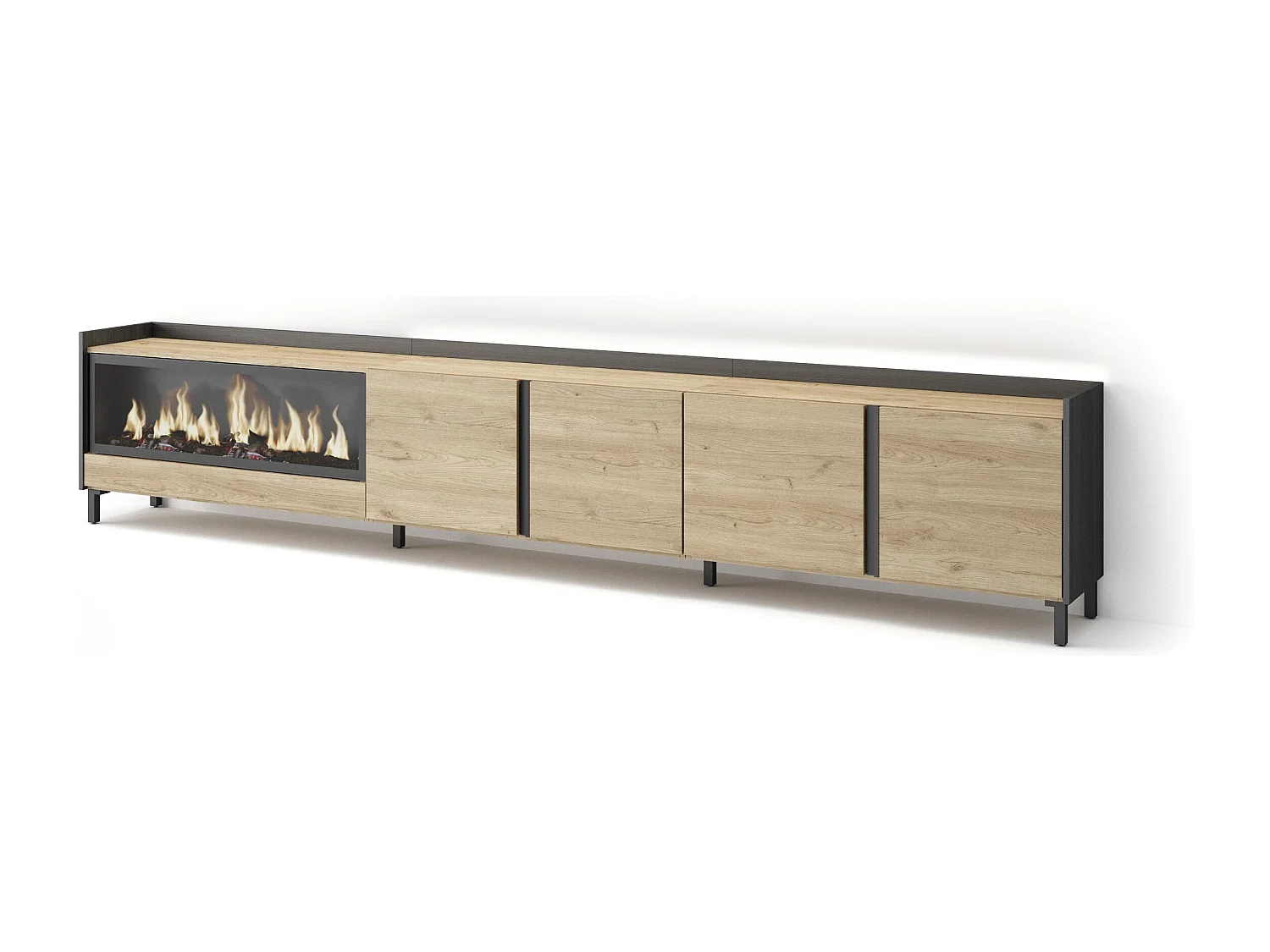 TV-Schrank, Lowboard, 315x61x35 cm, Für TV-Geräte bis zu 80", Elektrokamin XXL, Industriedesign, LED, Eiche Schwarz