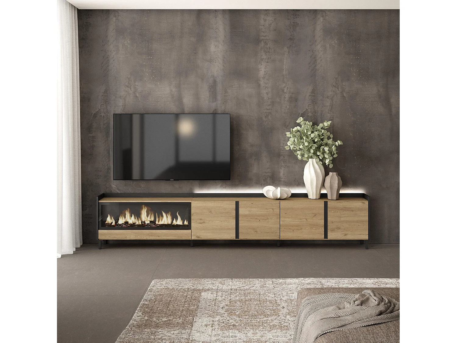 TV-Schrank, Lowboard, 315x61x35 cm, Für TV-Geräte bis zu 80", Elektrokamin XXL, Industriedesign, LED, Eiche Schwarz