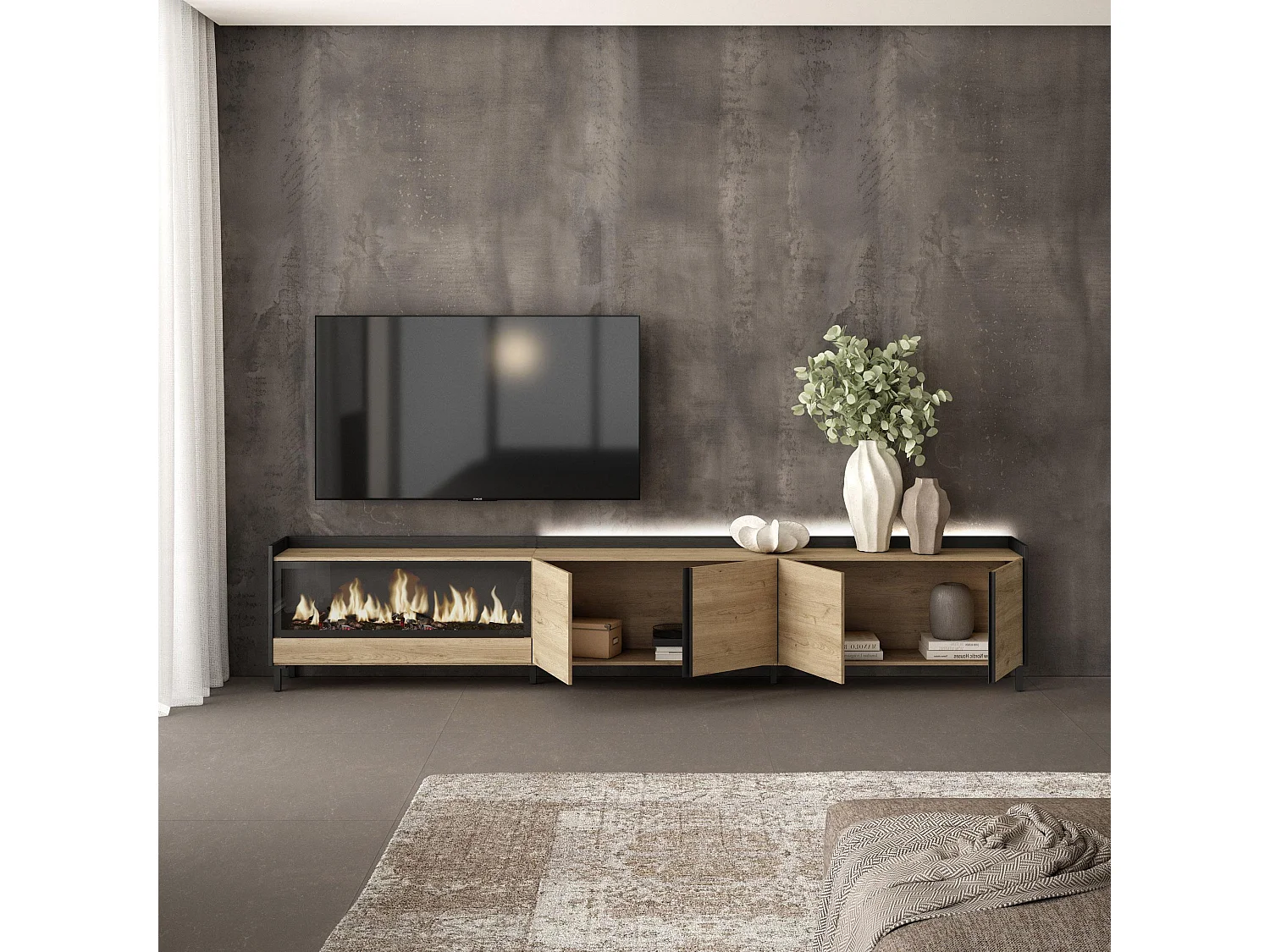 TV-Schrank, Lowboard, 315x61x35 cm, Für TV-Geräte bis zu 80", Elektrokamin XXL, Industriedesign, LED, Eiche Schwarz