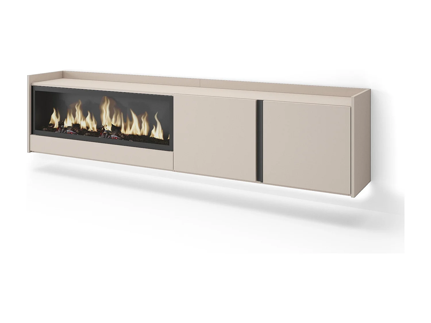 TV-Schrank, Lowboard, 212x50x35 cm, Für TV-Geräte bis zu 80", Elektrokamin XXL, Hängend, LED, Beige