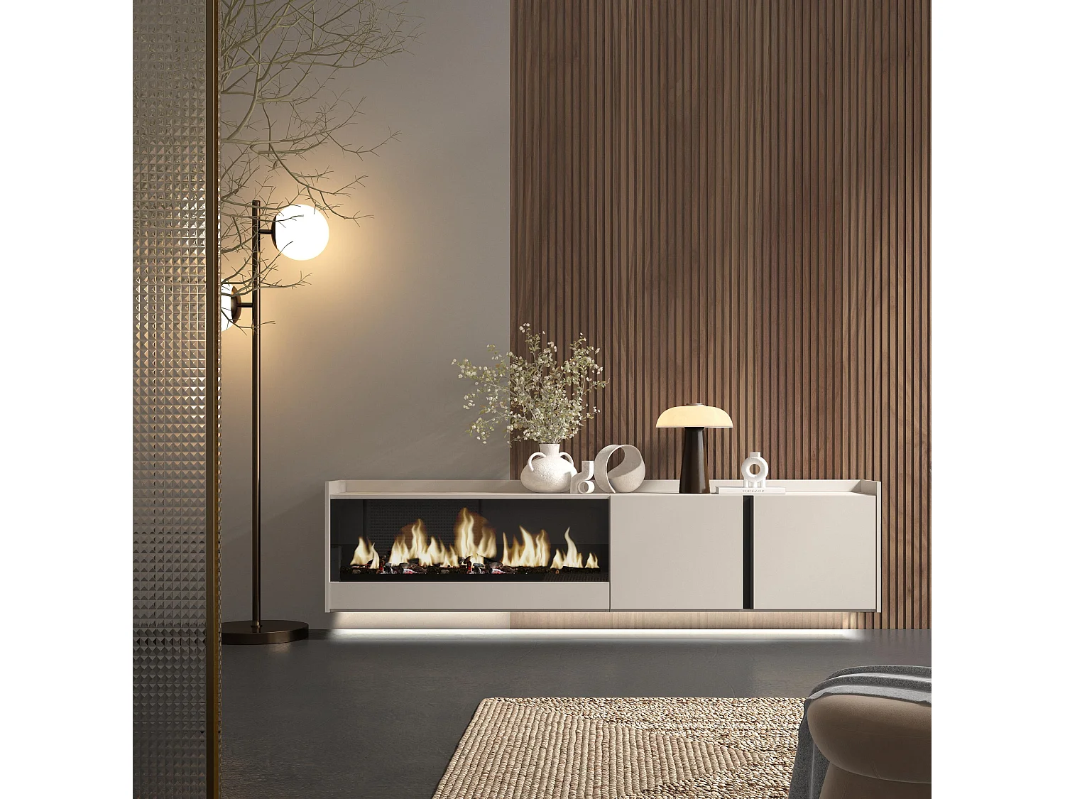 TV-Schrank, Lowboard, 212x50x35 cm, Für TV-Geräte bis zu 80", Elektrokamin XXL, Hängend, LED, Beige