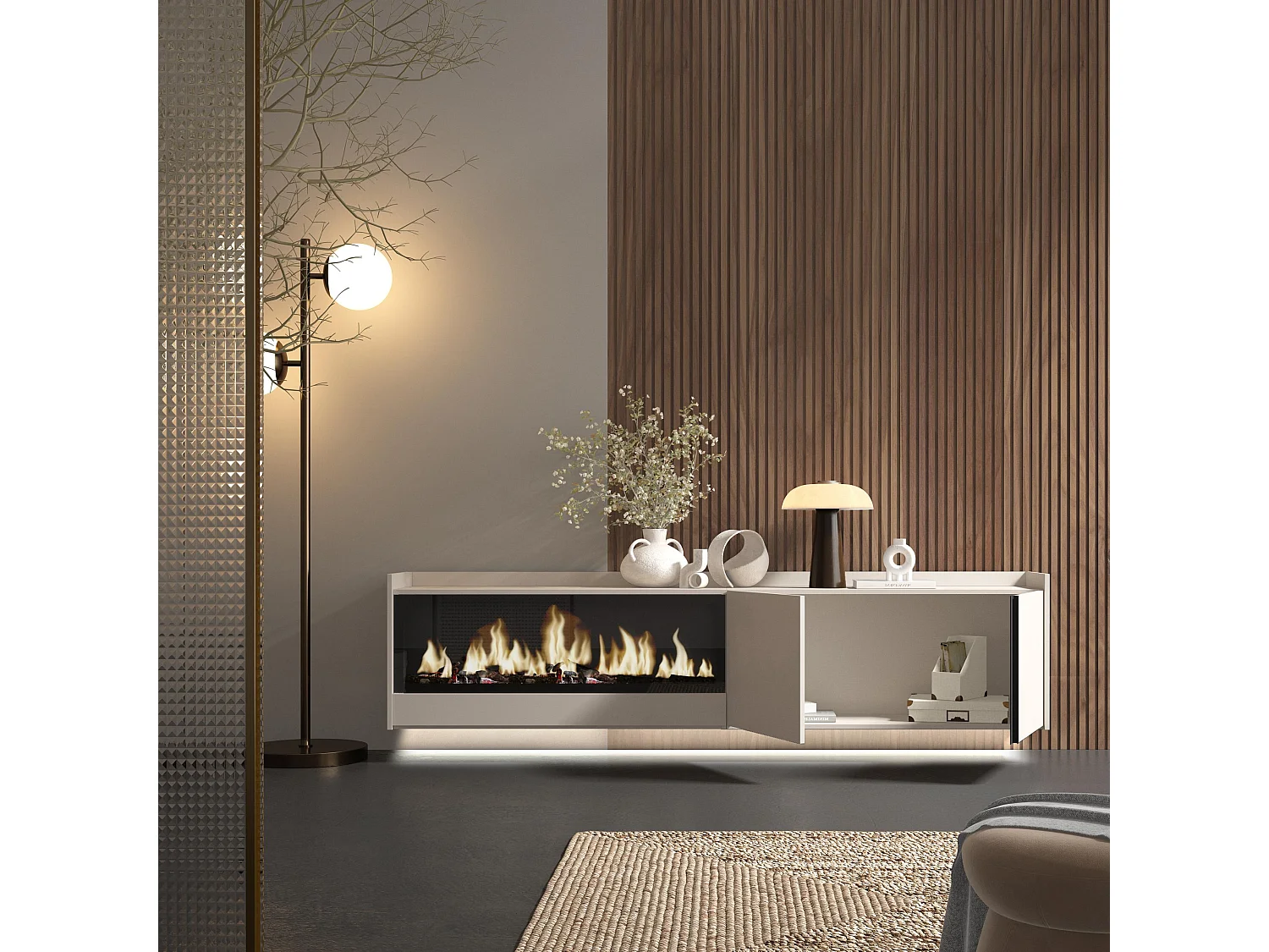 TV-Schrank, Lowboard, 212x50x35 cm, Für TV-Geräte bis zu 80", Elektrokamin XXL, Hängend, LED, Beige