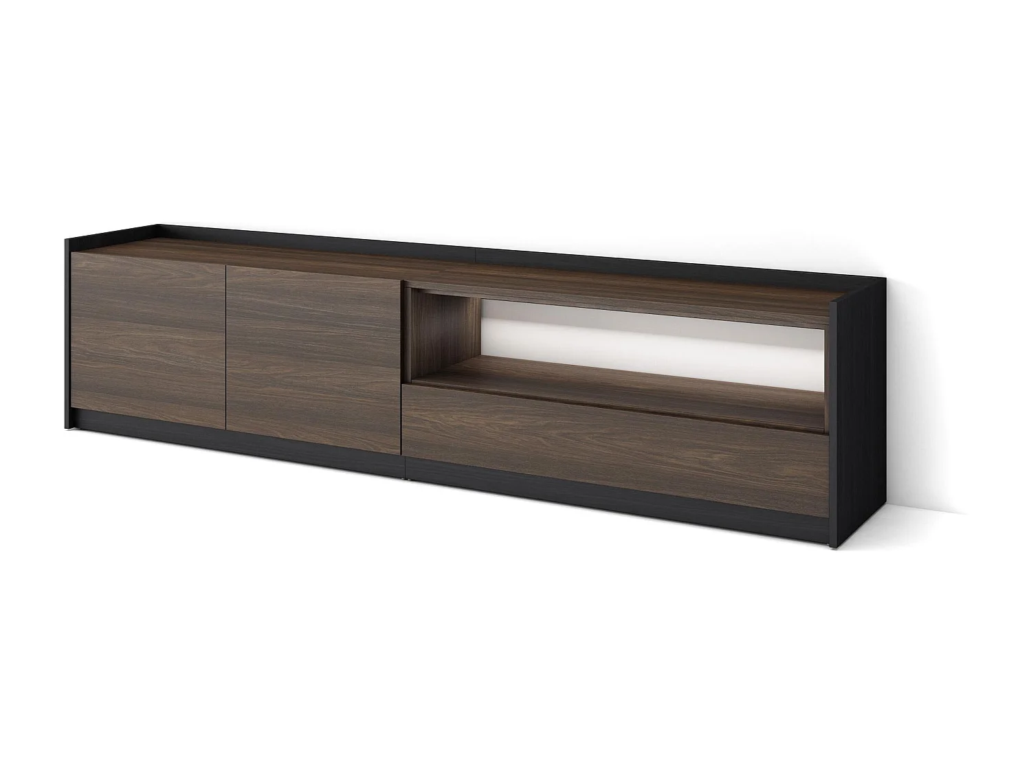TV-Schrank, Lowboard, 207x50x37 cm, Für TV-Geräte bis zu 80", LED, Dunkler Eiche und Schwarz