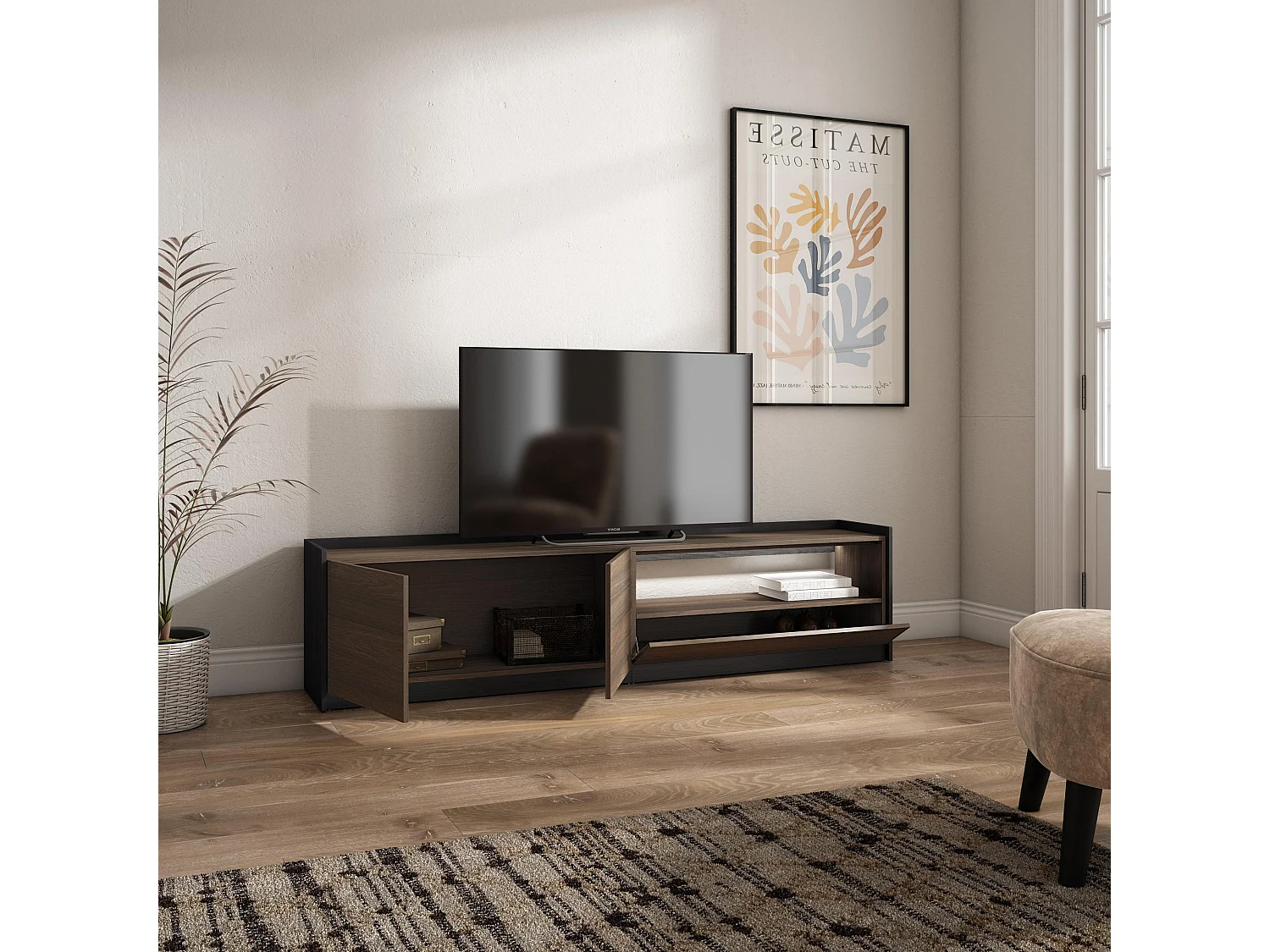 TV-Schrank, Lowboard, 207x50x37 cm, Für TV-Geräte bis zu 80", LED, Dunkler Eiche und Schwarz