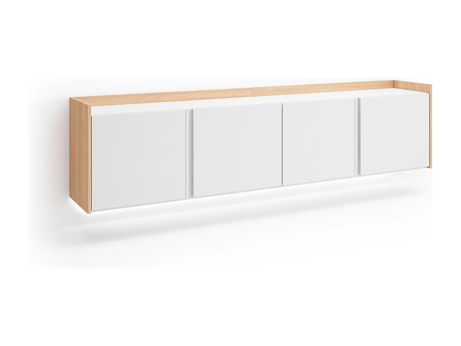 TV-Schrank, Lowboard, 207x50x35 cm, Für TV-Geräte bis zu 80", Hängend, LED, Weiß und Eiche Soft