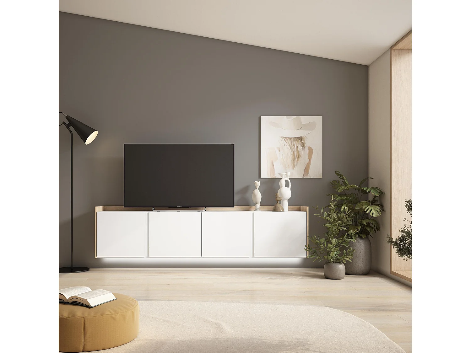 TV-Schrank, Lowboard, 207x50x35 cm, Für TV-Geräte bis zu 80", Hängend, LED, Weiß und Eiche Soft