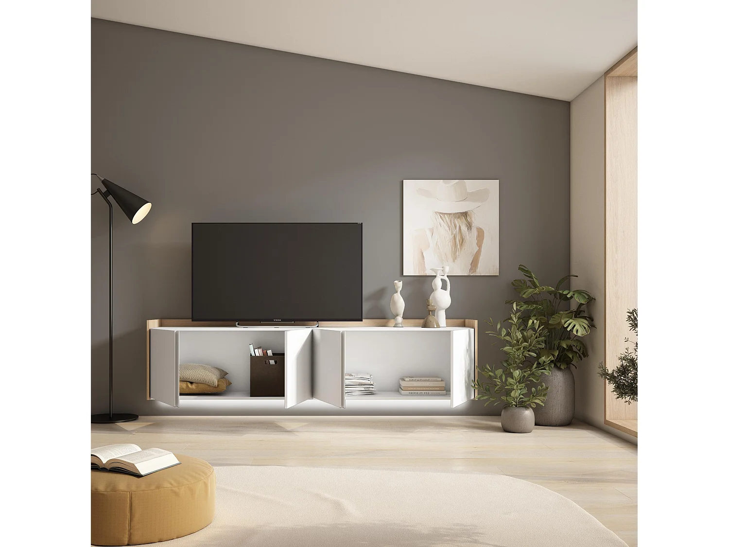 TV-Schrank, Lowboard, 207x50x35 cm, Für TV-Geräte bis zu 80", Hängend, LED, Weiß und Eiche Soft