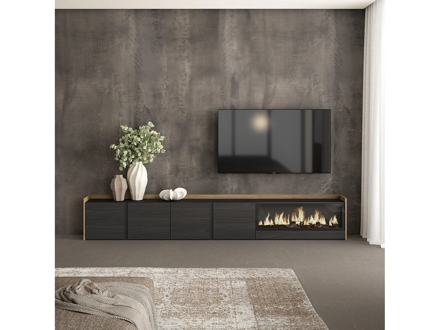 Móvel de TV, 315x50x35 cm, Para televisores até 80", Lareira eléctrica XXL, Preto e Carvalho