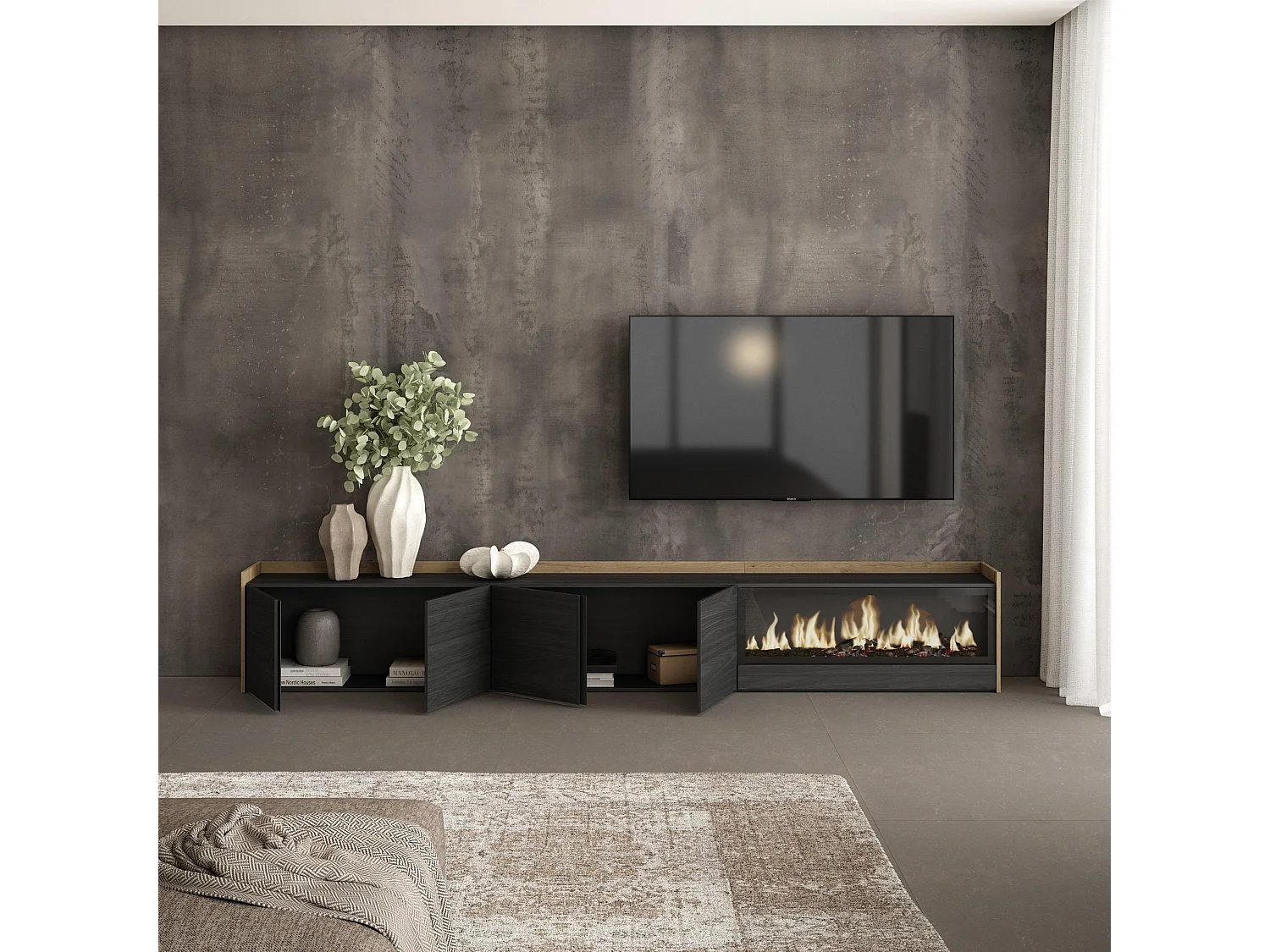 Móvel de TV, 315x50x35 cm, Para televisores até 80", Lareira eléctrica XXL, Preto e Carvalho