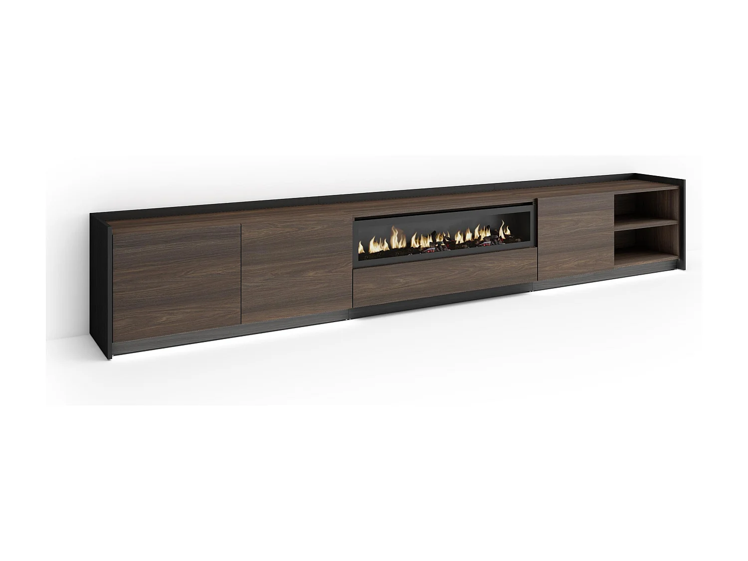 TV-Meubel, Lowboard, 310x50x37 cm, Voor tv's tot 80", Elektrische haard, LED, Donkere eik en Zwart