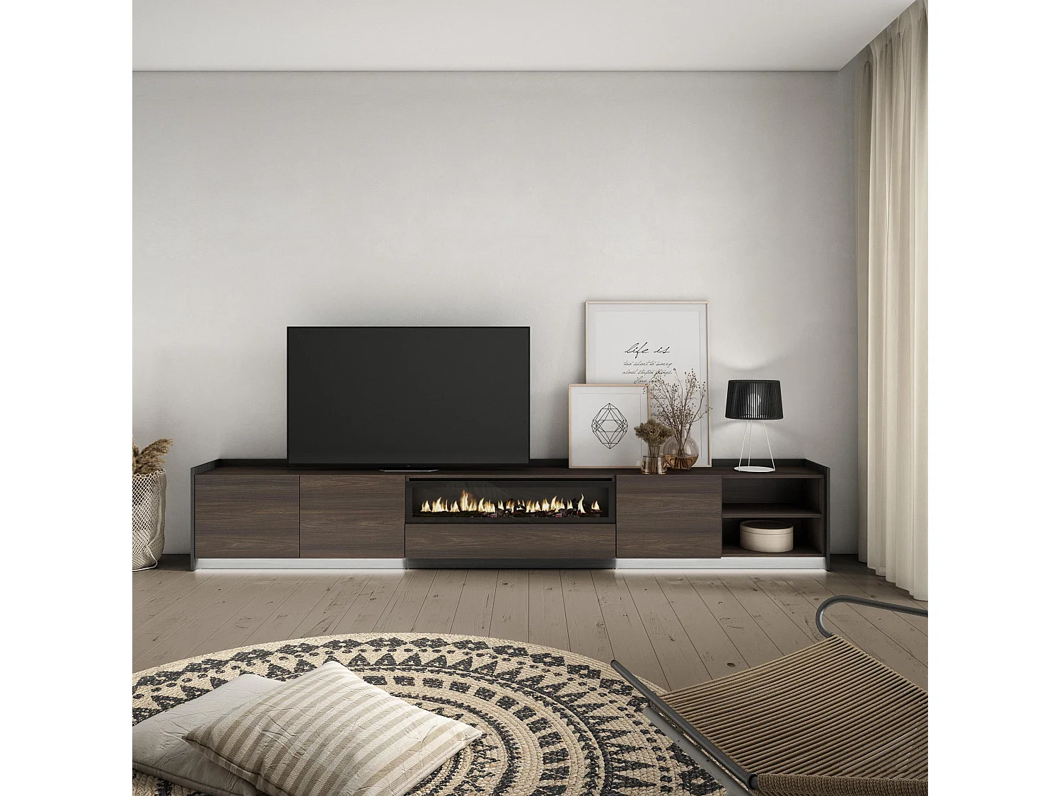 TV-Meubel, Lowboard, 310x50x37 cm, Voor tv's tot 80", Elektrische haard, LED, Donkere eik en Zwart