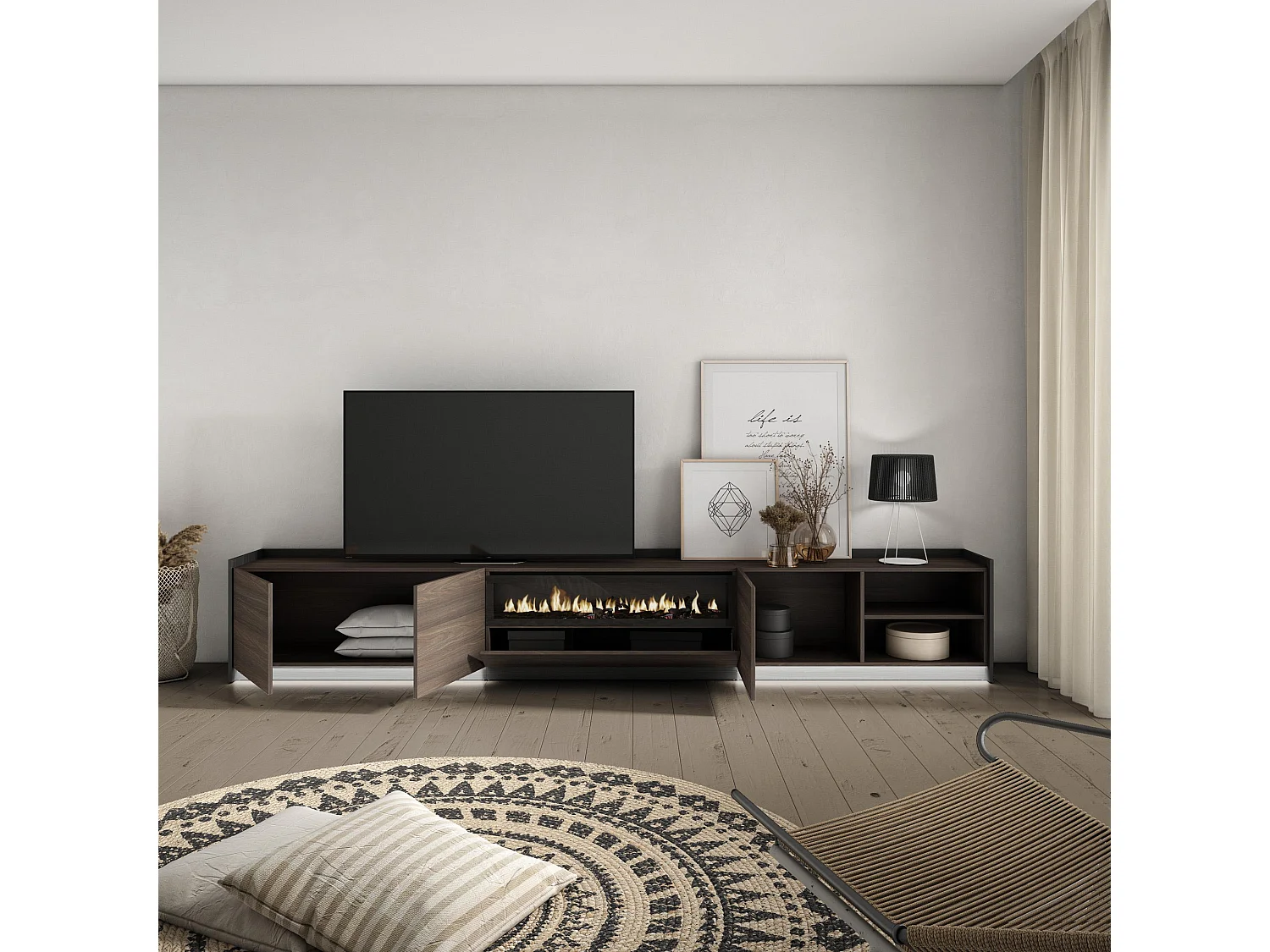 TV-Meubel, Lowboard, 310x50x37 cm, Voor tv's tot 80", Elektrische haard, LED, Donkere eik en Zwart