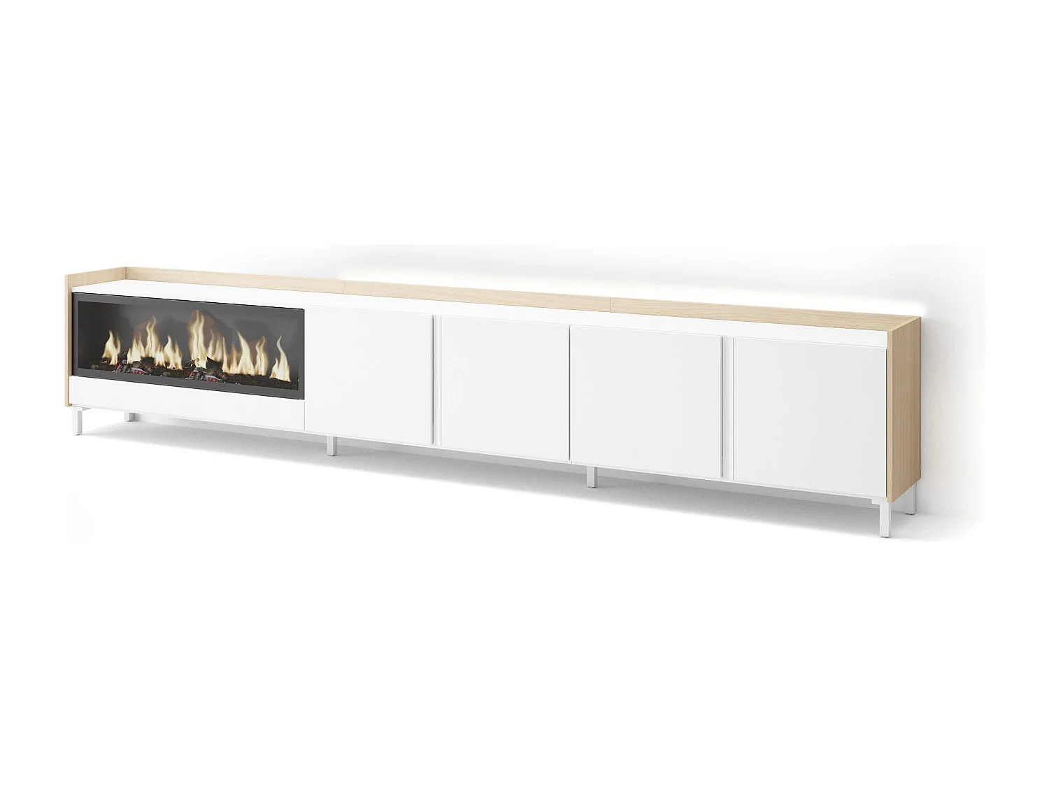 TV-Schrank, Lowboard, 315x61x35 cm, Für TV-Geräte bis zu 80", Elektrokamin XXL, Industriedesign, LED, Weiß und Eiche Soft