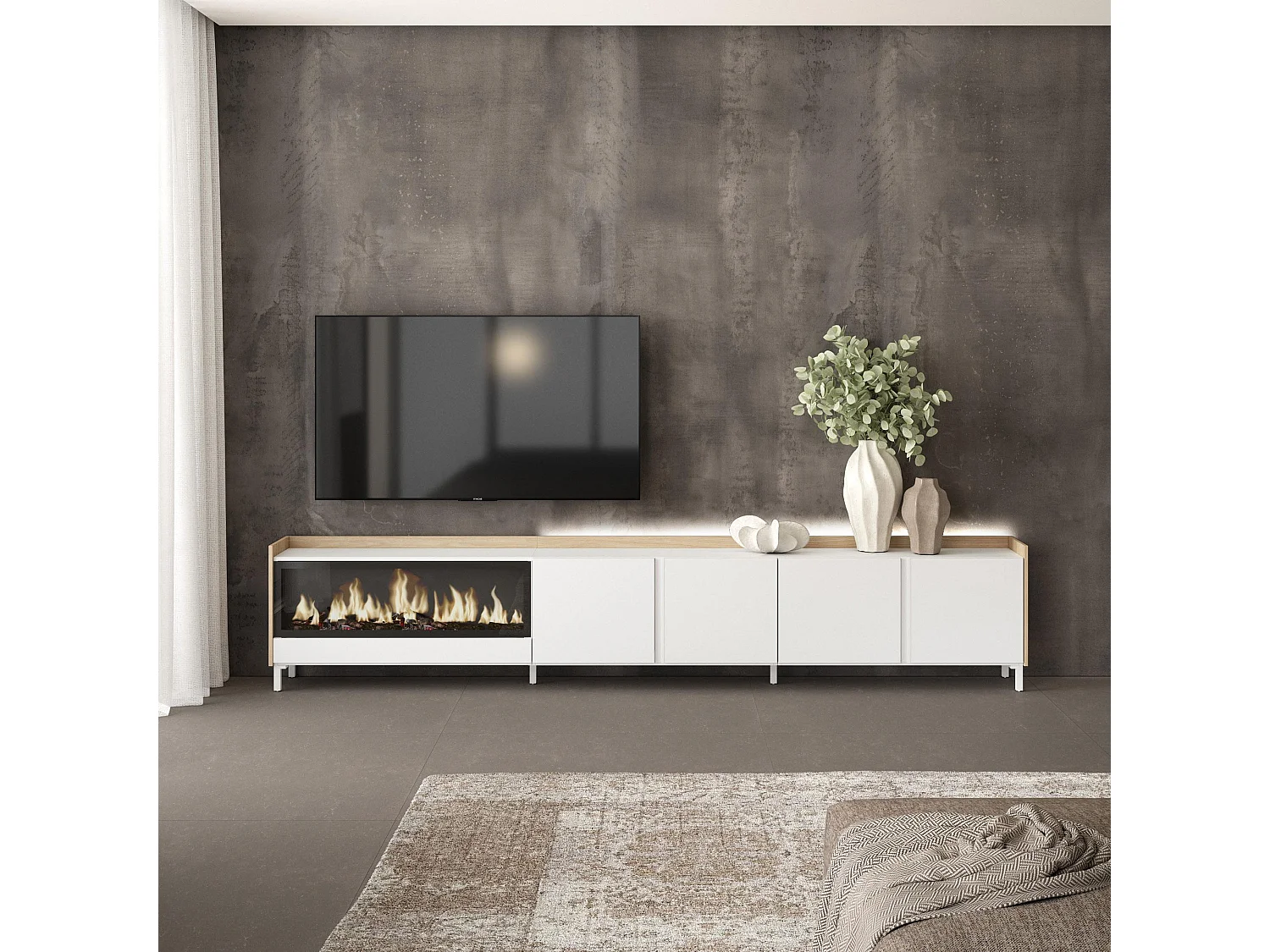 TV-Schrank, Lowboard, 315x61x35 cm, Für TV-Geräte bis zu 80", Elektrokamin XXL, Industriedesign, LED, Weiß und Eiche Soft