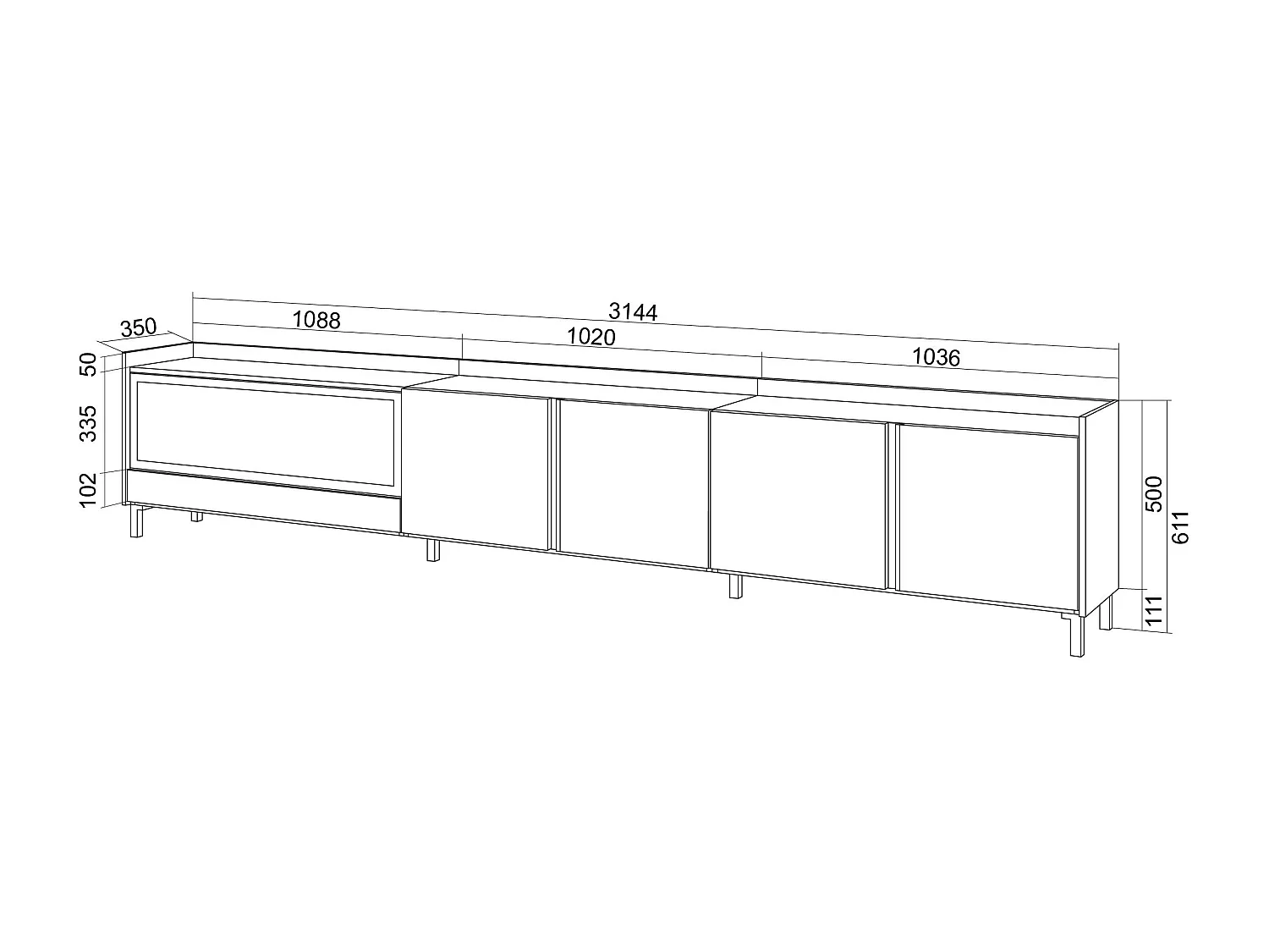 TV-Schrank, Lowboard, 315x61x35 cm, Für TV-Geräte bis zu 80", Elektrokamin XXL, Industriedesign, LED, Weiß und Eiche Soft