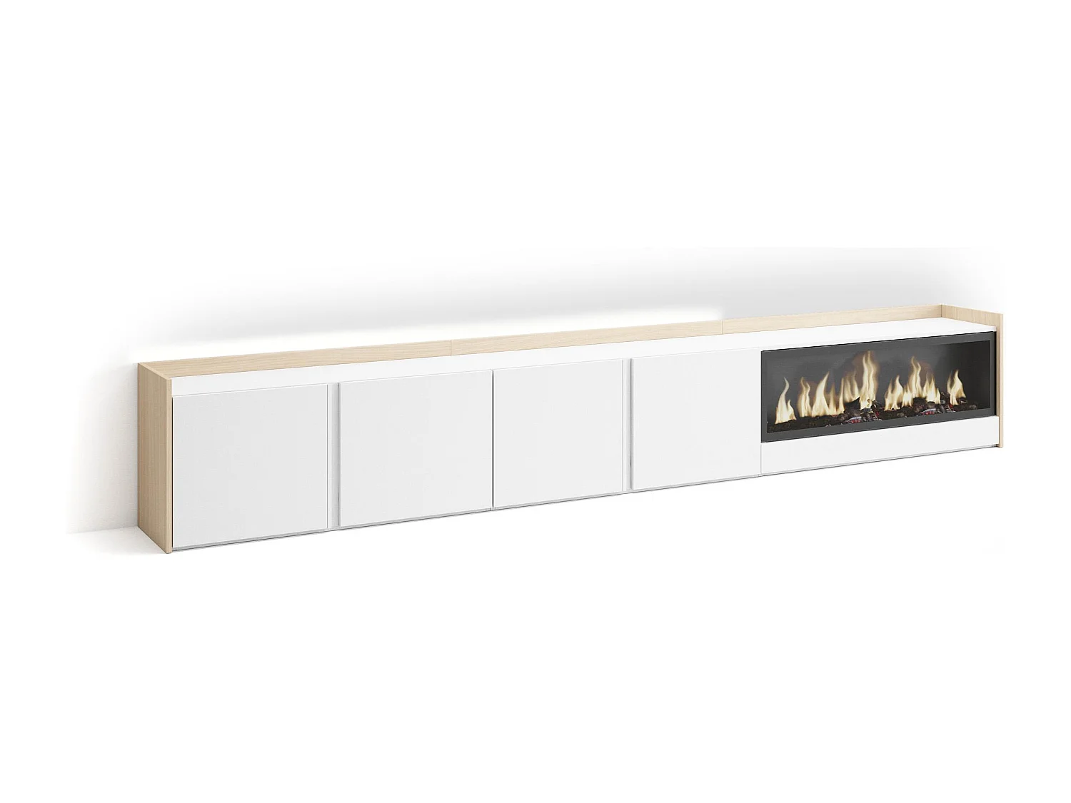 TV-Meubel, Lowboard, 315x50x35 cm, Voor tv's tot 80", Elektrische haard XXL, LED, Wit en Eiken soft