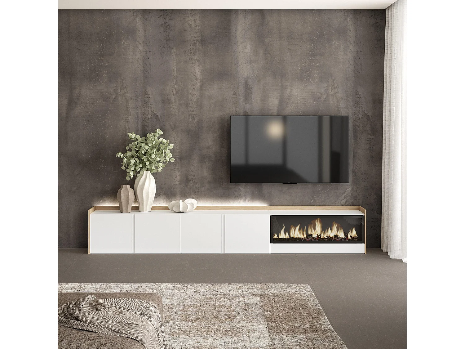 TV-Meubel, Lowboard, 315x50x35 cm, Voor tv's tot 80", Elektrische haard XXL, LED, Wit en Eiken soft