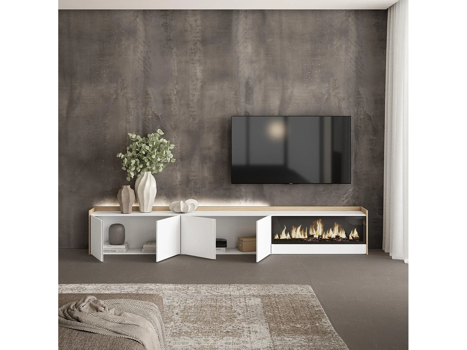 TV-Meubel, Lowboard, 315x50x35 cm, Voor tv's tot 80", Elektrische haard XXL, LED, Wit en Eiken soft