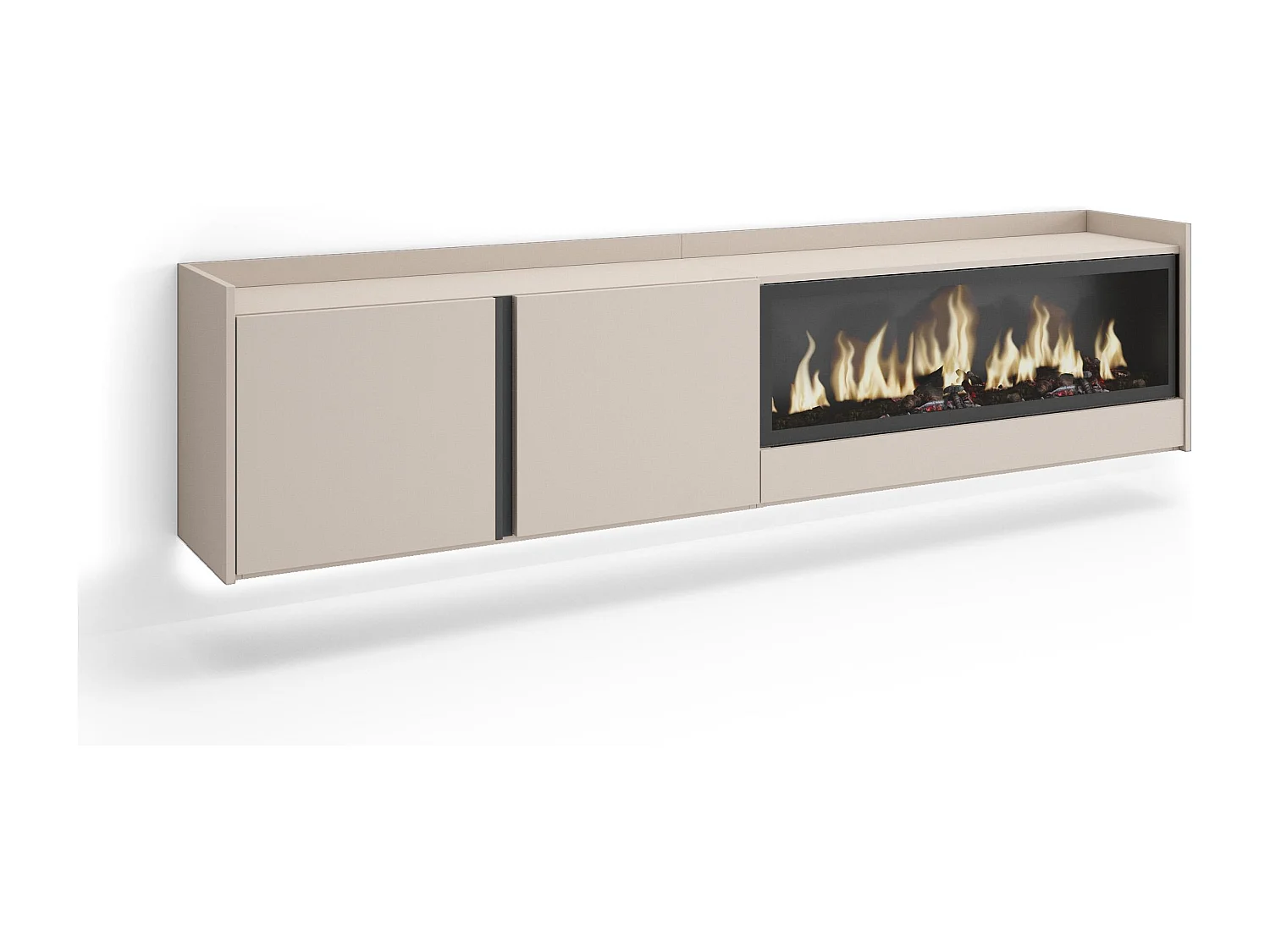 TV-Schrank, Lowboard, 212x50x35 cm, Für TV-Geräte bis zu 80", Elektrokamin XXL, Hängend, LED, Beige