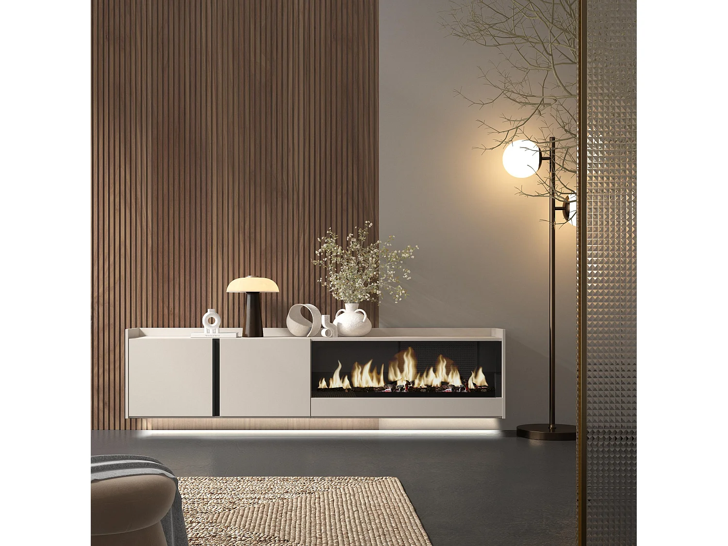 TV-Schrank, Lowboard, 212x50x35 cm, Für TV-Geräte bis zu 80", Elektrokamin XXL, Hängend, LED, Beige