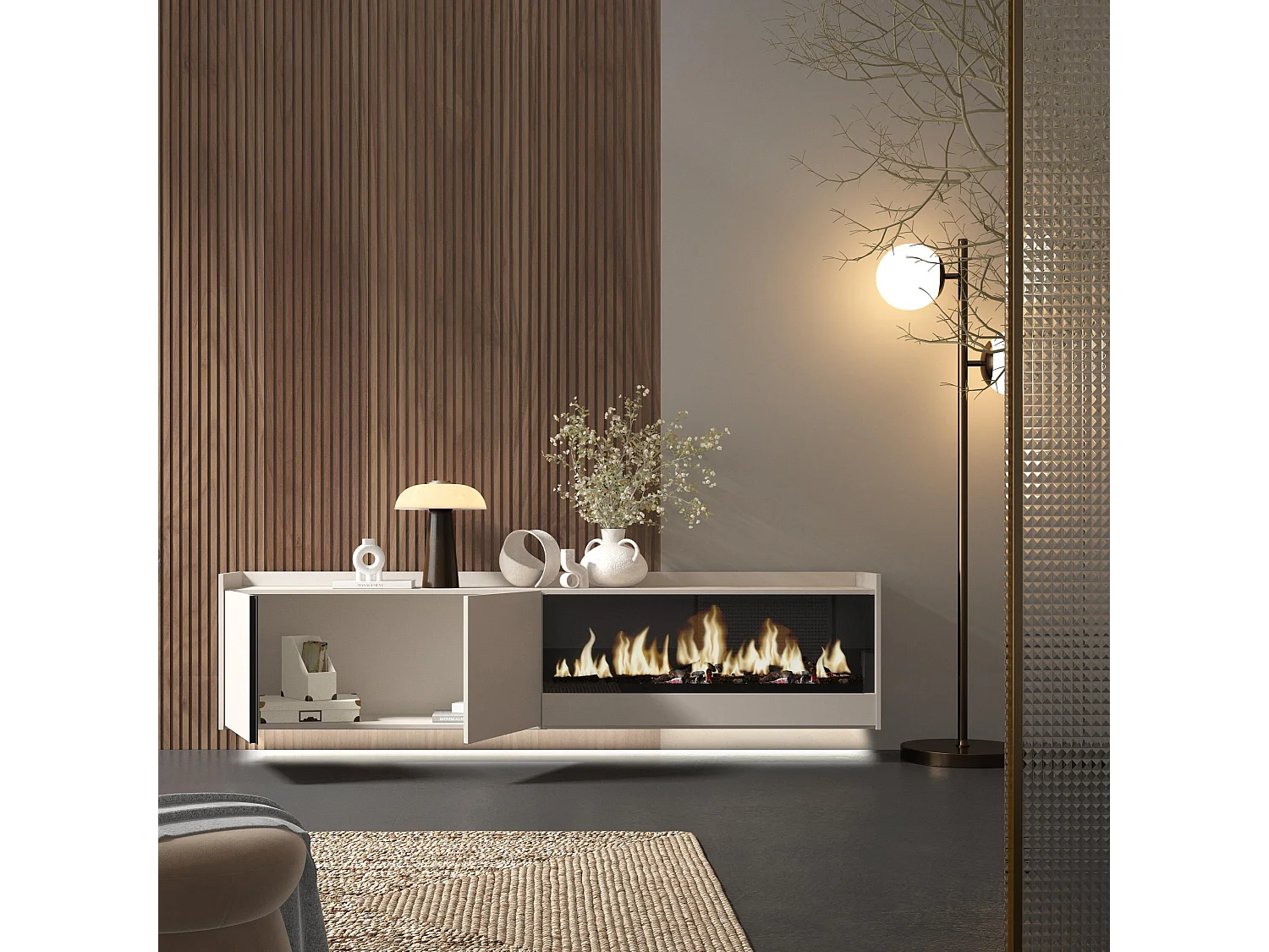 TV-Schrank, Lowboard, 212x50x35 cm, Für TV-Geräte bis zu 80", Elektrokamin XXL, Hängend, LED, Beige