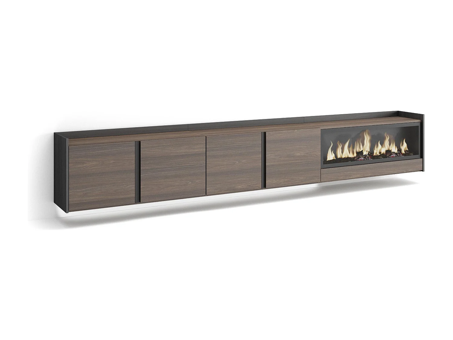 TV-Schrank, Lowboard, 315x50x35 cm, Für TV-Geräte bis zu 80", Elektrokamin XXL, Hängend, LED, Dunkler Eiche und Schwarz