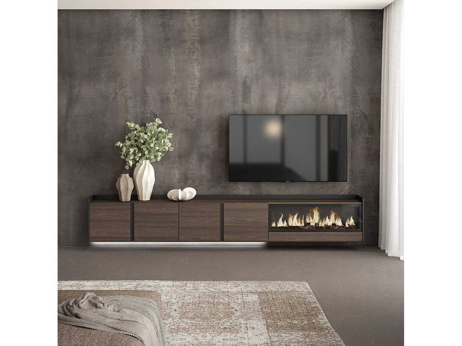 TV-Schrank, Lowboard, 315x50x35 cm, Für TV-Geräte bis zu 80", Elektrokamin XXL, Hängend, LED, Dunkler Eiche und Schwarz