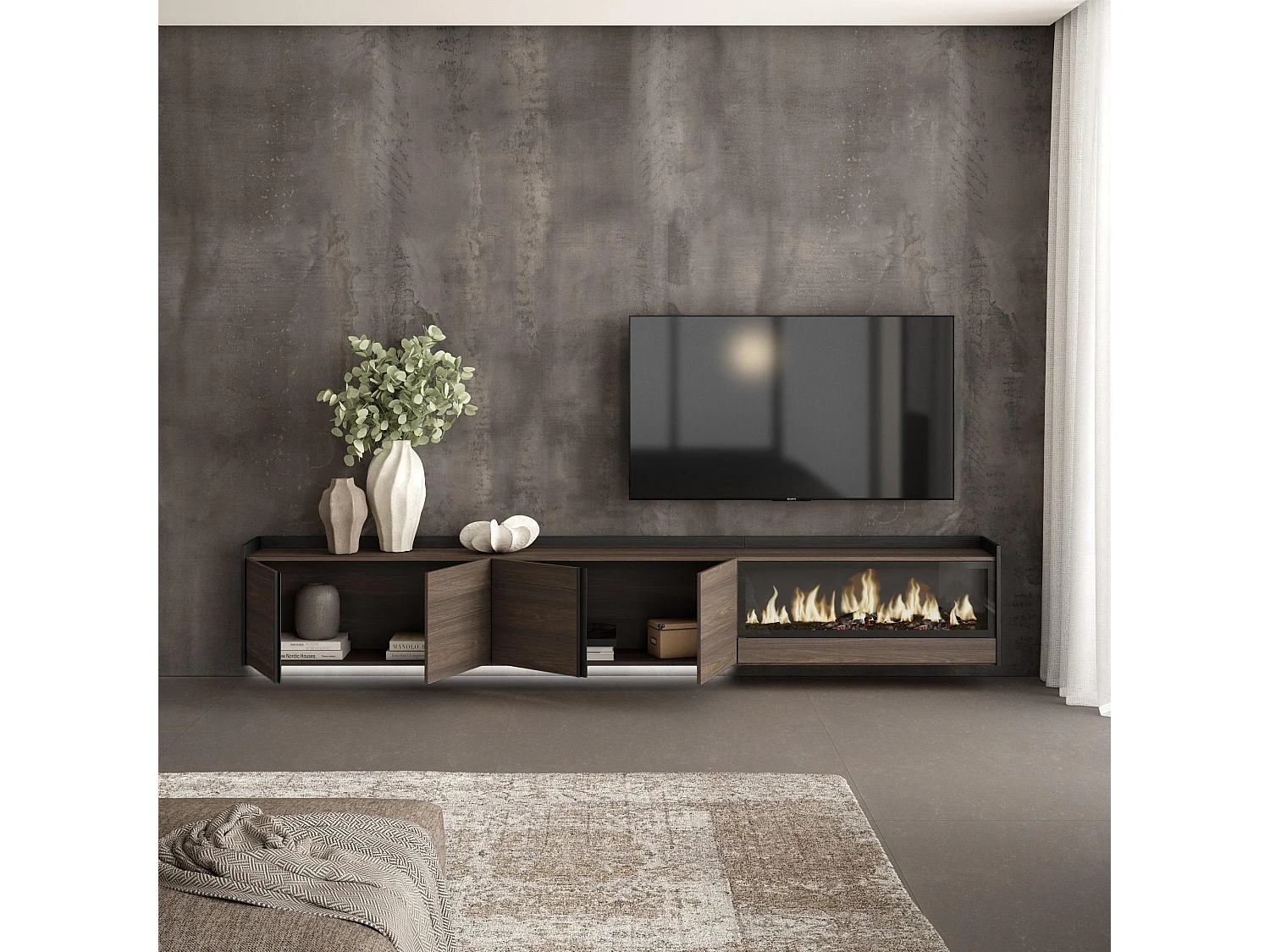 TV-Schrank, Lowboard, 315x50x35 cm, Für TV-Geräte bis zu 80", Elektrokamin XXL, Hängend, LED, Dunkler Eiche und Schwarz