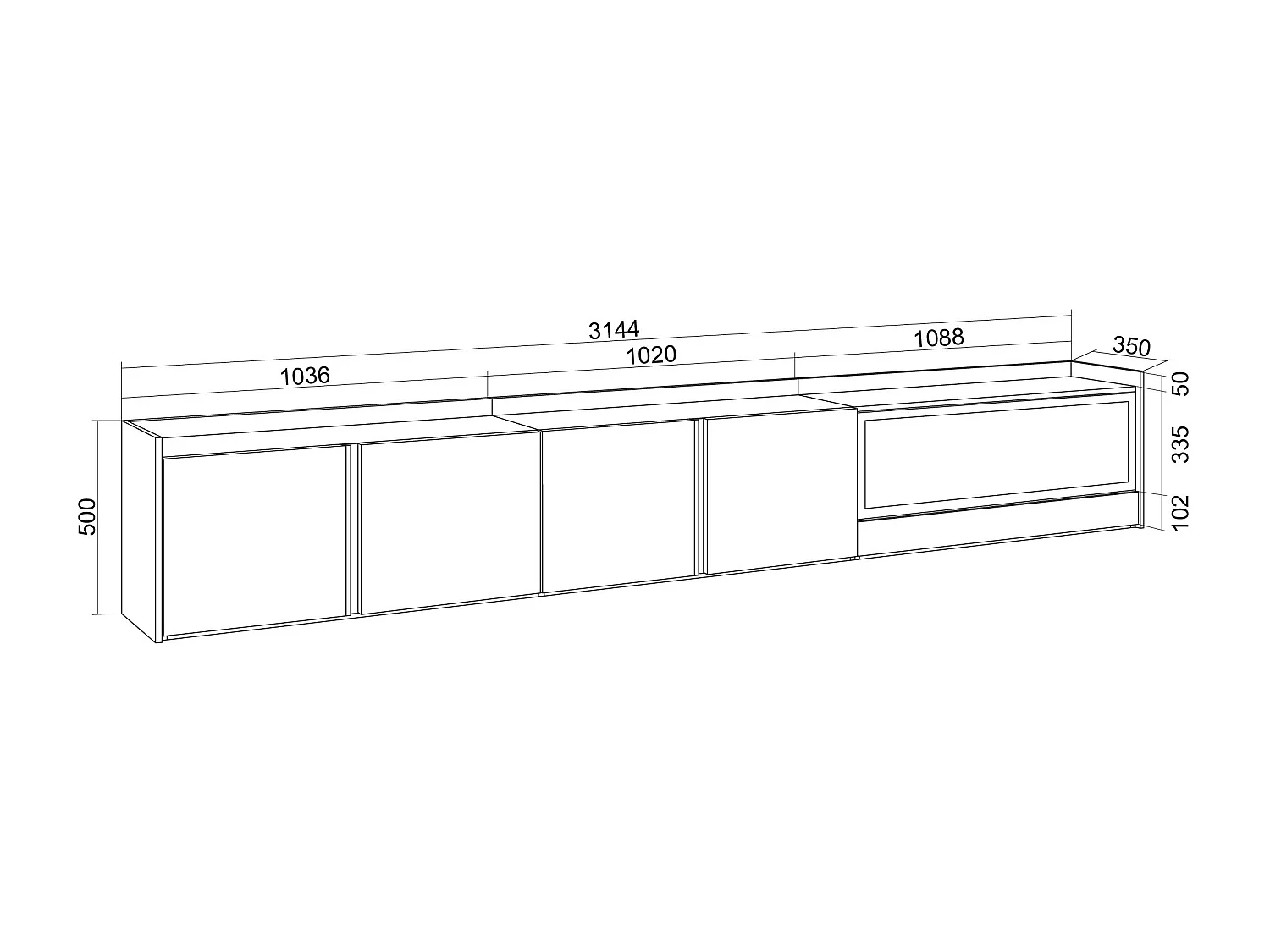 TV-Schrank, Lowboard, 315x50x35 cm, Für TV-Geräte bis zu 80", Elektrokamin XXL, Hängend, LED, Dunkler Eiche und Schwarz