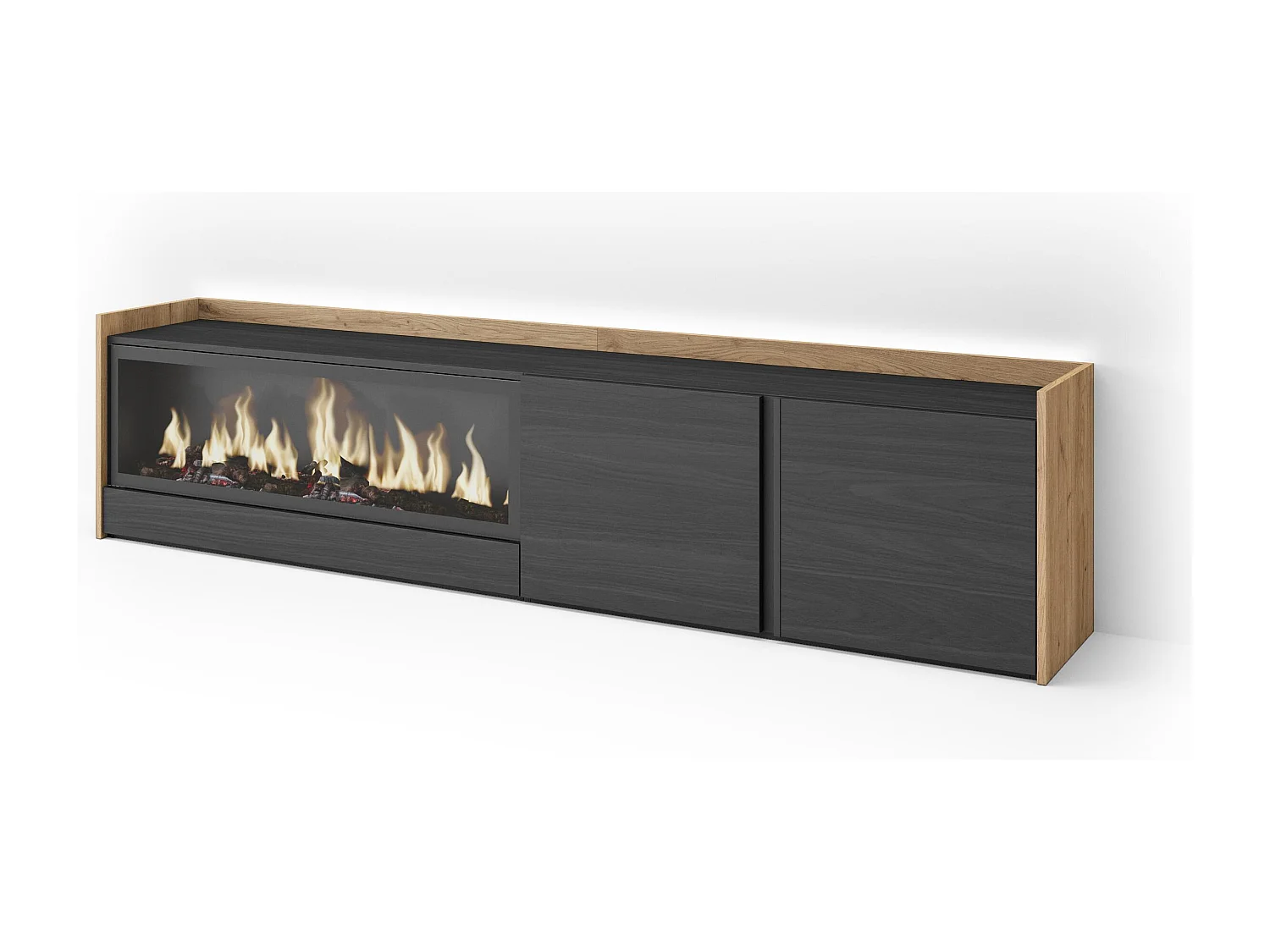 TV-Schrank, Lowboard, 212x50x35 cm, Für TV-Geräte bis zu 80", Elektrokamin XXL, LED, Schwarz Eiche