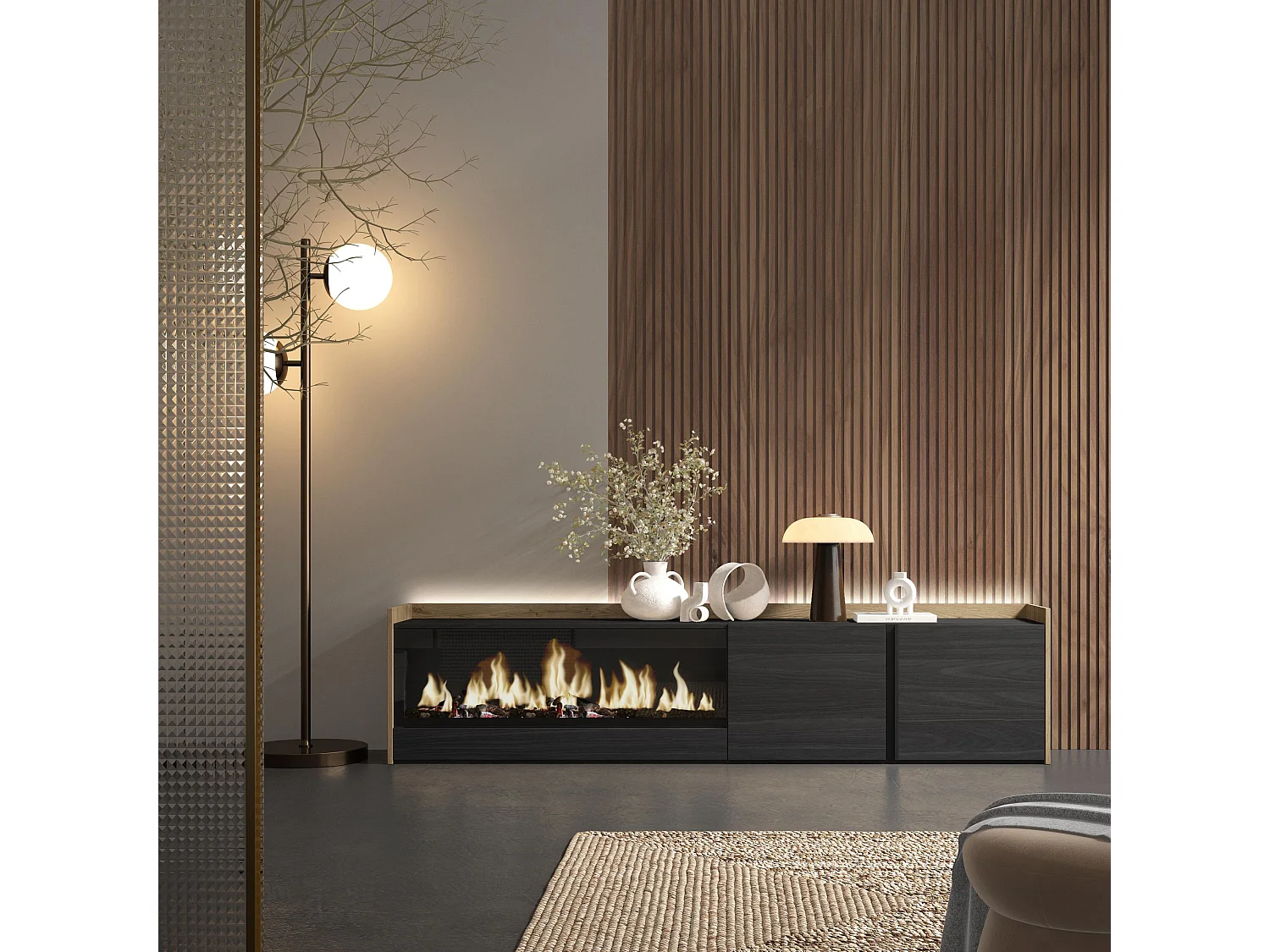 TV-Schrank, Lowboard, 212x50x35 cm, Für TV-Geräte bis zu 80", Elektrokamin XXL, LED, Schwarz Eiche