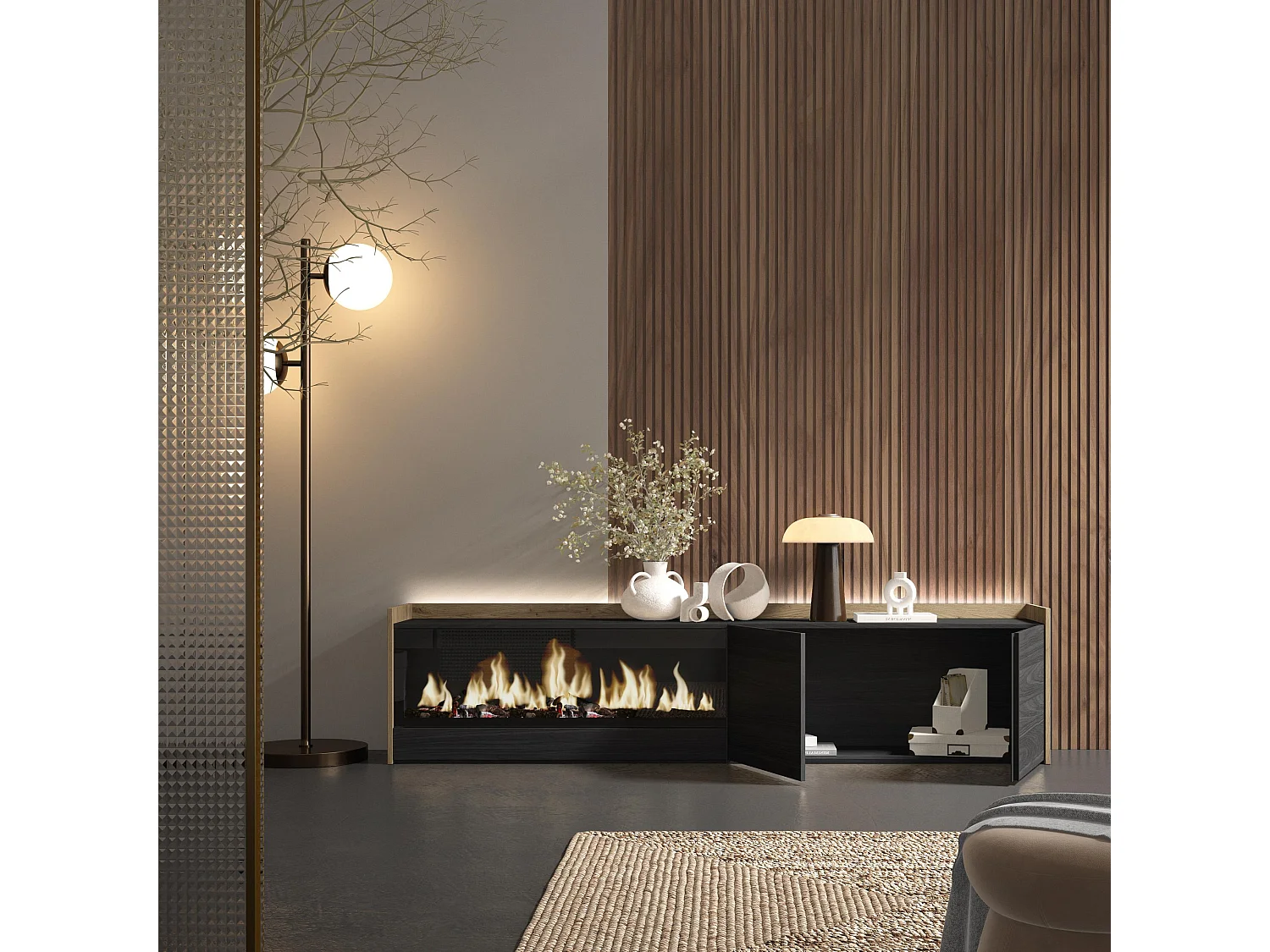 TV-Schrank, Lowboard, 212x50x35 cm, Für TV-Geräte bis zu 80", Elektrokamin XXL, LED, Schwarz Eiche