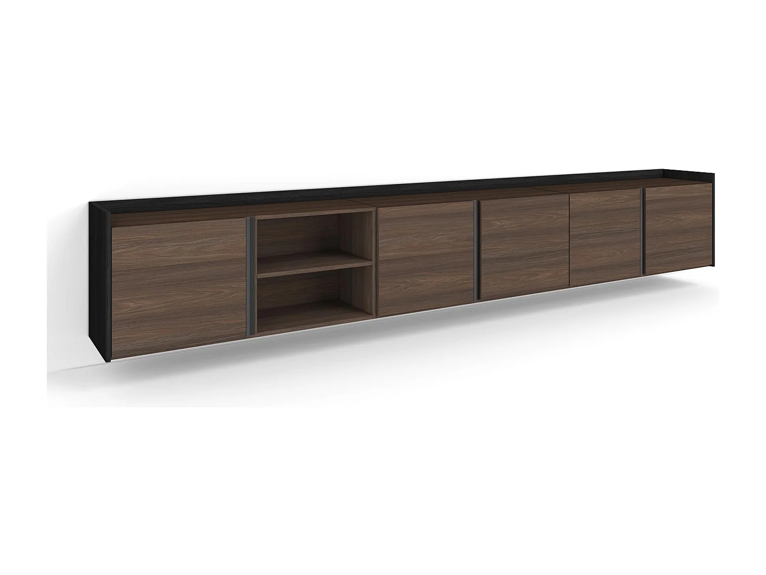 TV-Schrank, Lowboard, 309x50x35 cm, Für TV-Geräte bis zu 80", Hängend, Dunkler Eiche und Schwarz