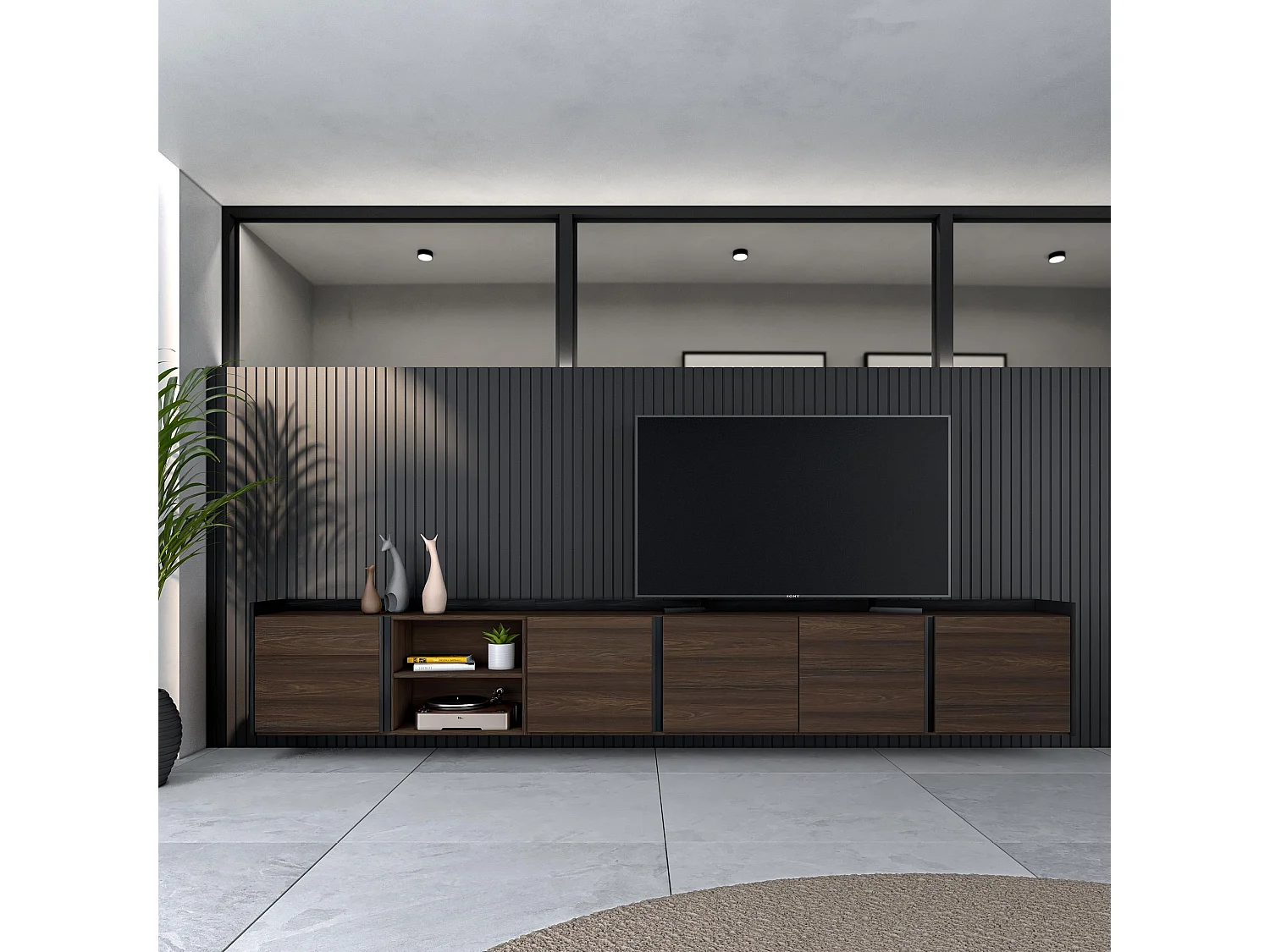 TV-Schrank, Lowboard, 309x50x35 cm, Für TV-Geräte bis zu 80", Hängend, Dunkler Eiche und Schwarz