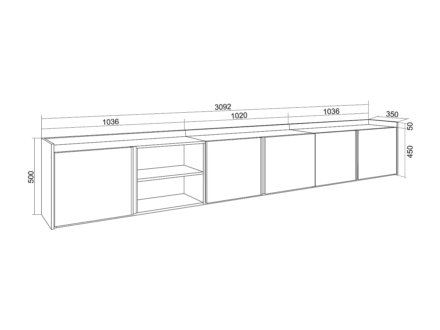 TV-Schrank, Lowboard, 309x50x35 cm, Für TV-Geräte bis zu 80", Hängend, Dunkler Eiche und Schwarz