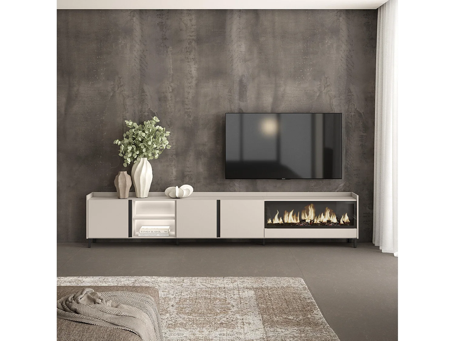 TV-Schrank, Lowboard, 315x61x35 cm, Für TV-Geräte bis zu 80", Elektrokamin XXL, Industriedesign, LED, Beige
