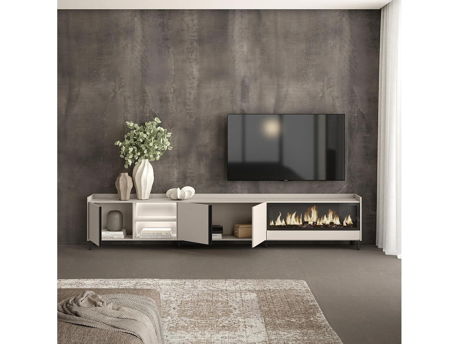 TV-Schrank, Lowboard, 315x61x35 cm, Für TV-Geräte bis zu 80", Elektrokamin XXL, Industriedesign, LED, Beige