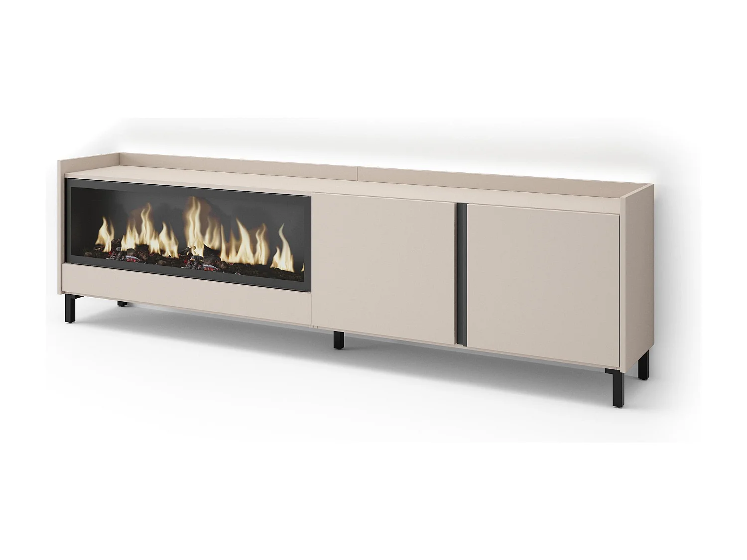 TV-Schrank, Lowboard, 212x61x35 cm, Für TV-Geräte bis zu 80", Elektrokamin XXL, Industriedesign, LED, Beige