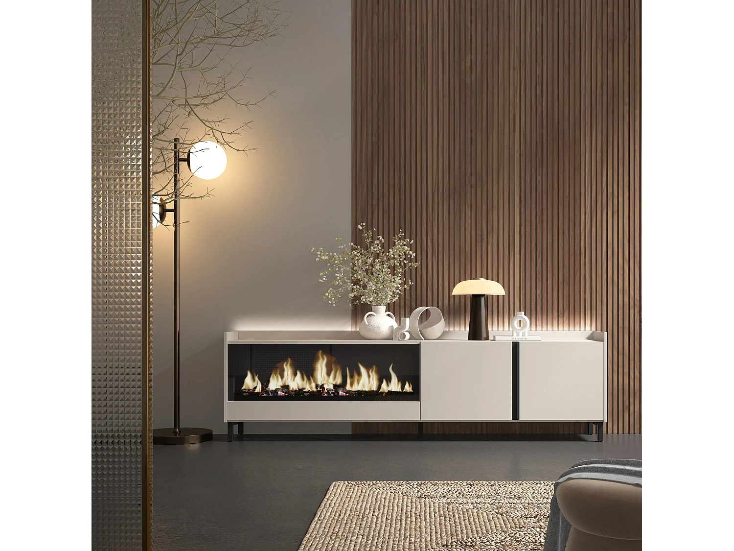 TV-Schrank, Lowboard, 212x61x35 cm, Für TV-Geräte bis zu 80", Elektrokamin XXL, Industriedesign, LED, Beige