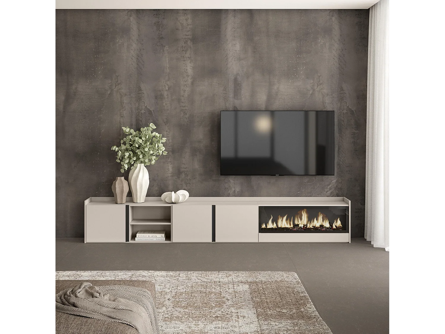 Móvel de TV, 315x50x35 cm, Para televisores até 80", Lareira eléctrica XXL, Bege