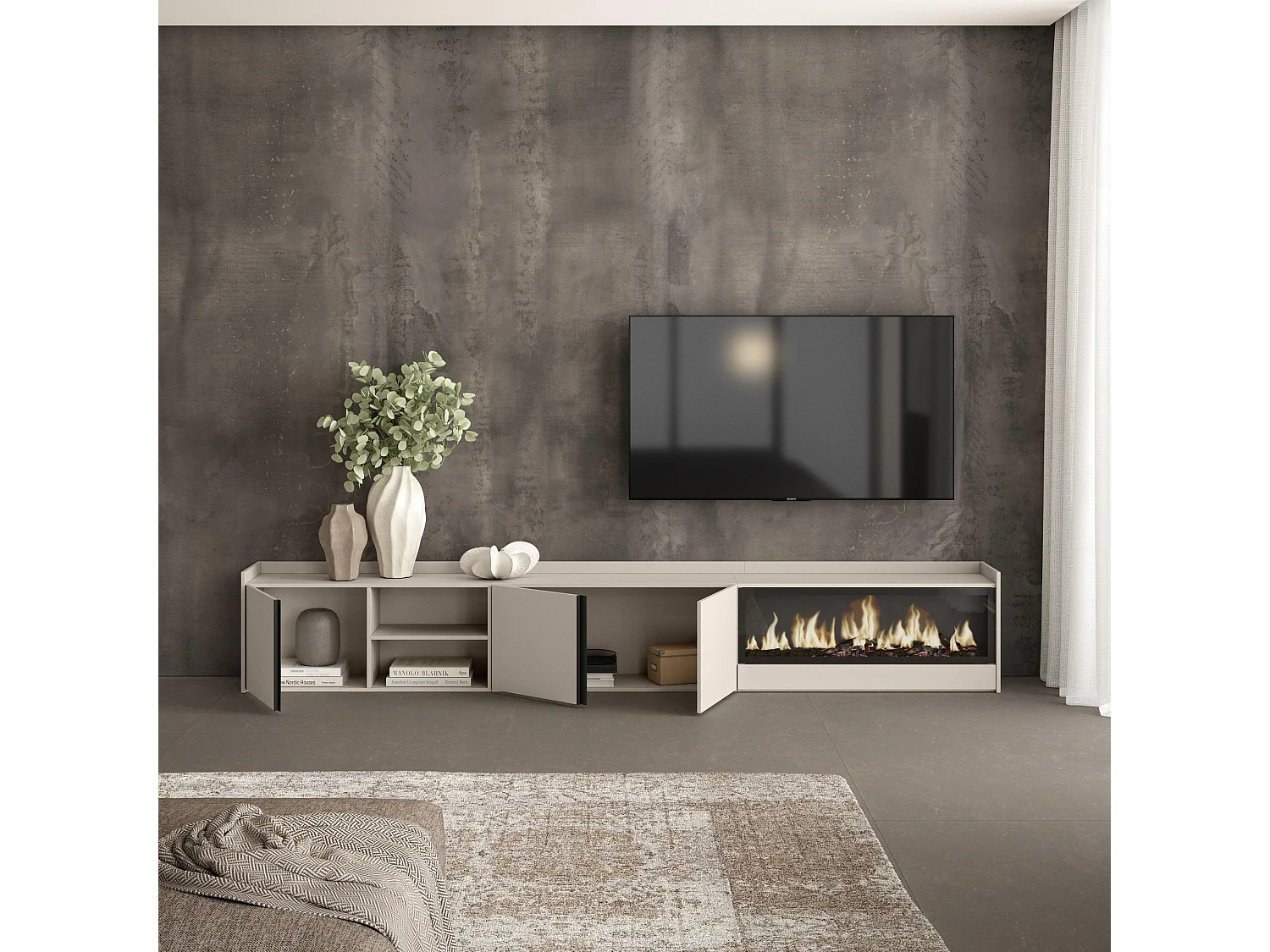 Móvel de TV, 315x50x35 cm, Para televisores até 80", Lareira eléctrica XXL, Bege