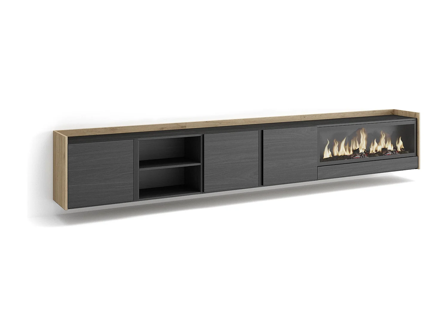 TV-Schrank, Lowboard, 315x50x35 cm, Für TV-Geräte bis zu 80", Elektrokamin XXL, Hängend, Schwarz Eiche