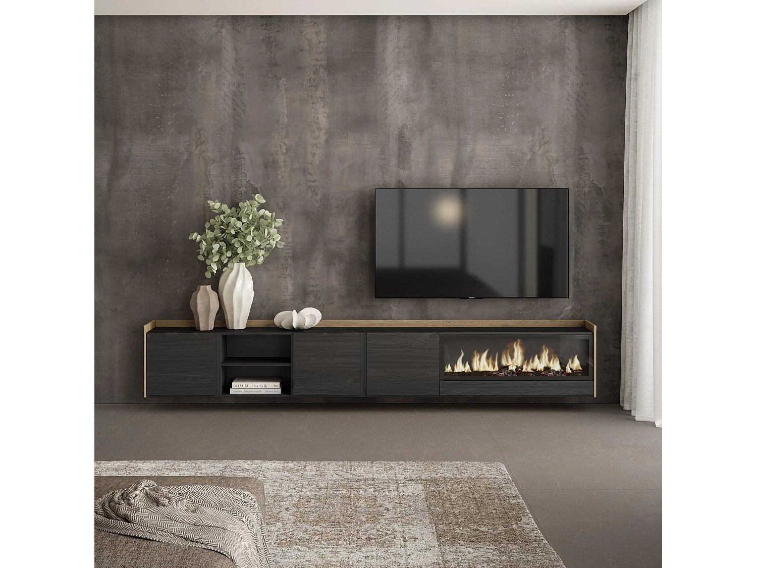 TV-Schrank, Lowboard, 315x50x35 cm, Für TV-Geräte bis zu 80", Elektrokamin XXL, Hängend, Schwarz Eiche