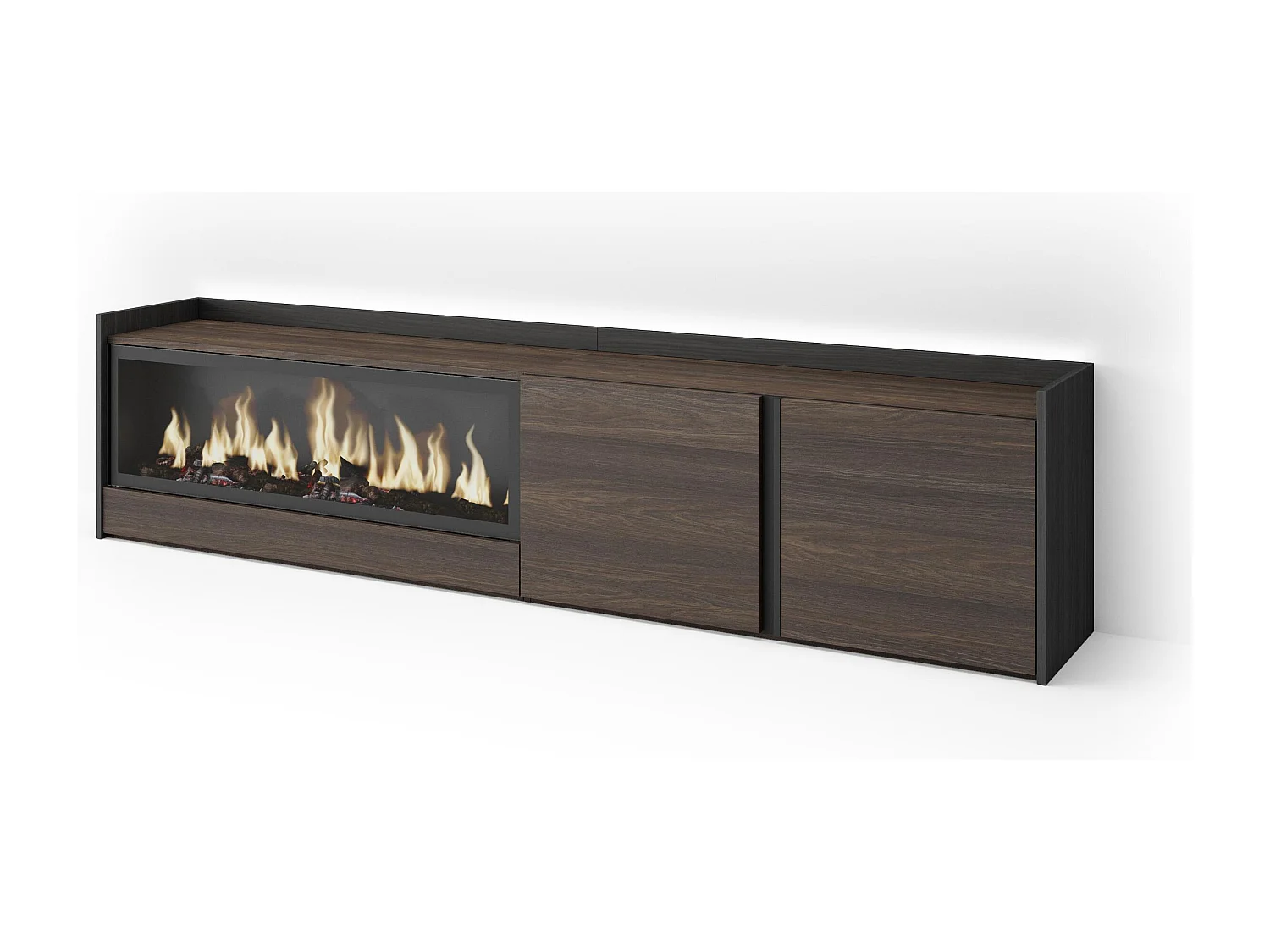 TV-Schrank, Lowboard, 212x50x35 cm, Für TV-Geräte bis zu 80", Elektrokamin XXL, LED, Dunkler Eiche und Schwarz