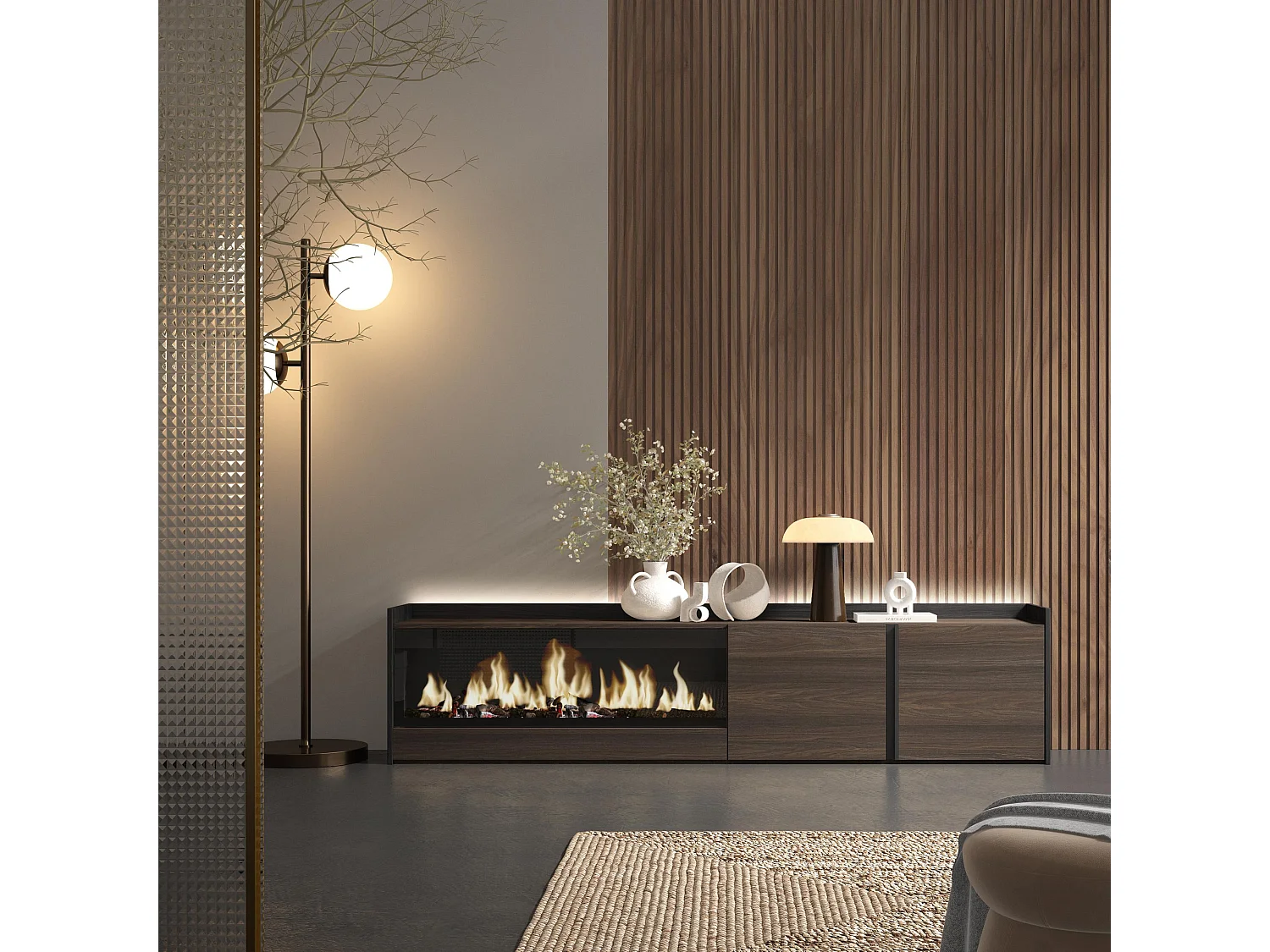 TV-Schrank, Lowboard, 212x50x35 cm, Für TV-Geräte bis zu 80", Elektrokamin XXL, LED, Dunkler Eiche und Schwarz